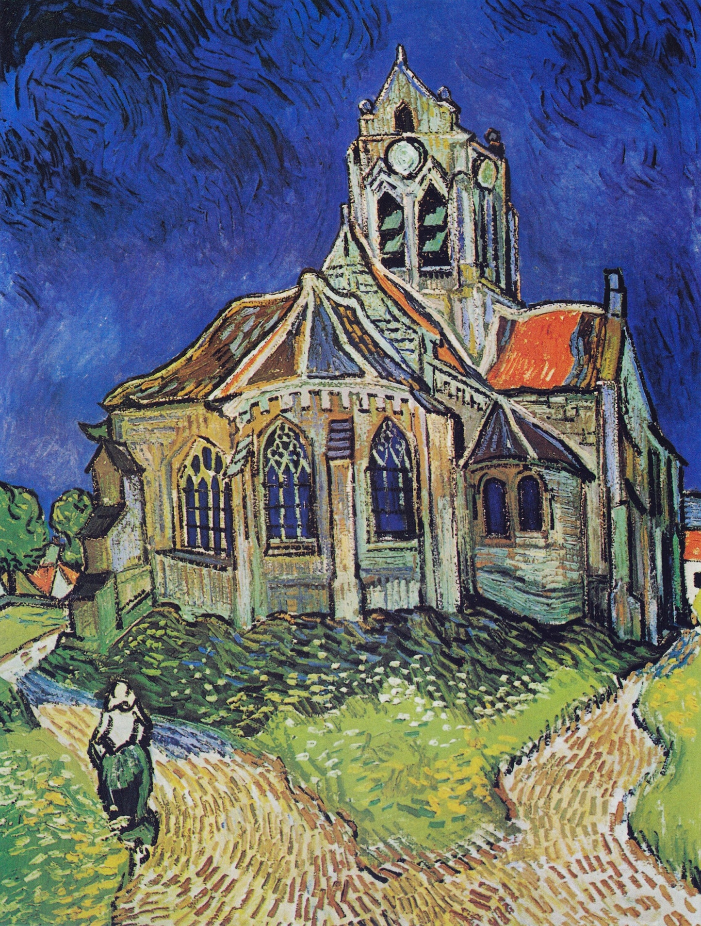 a painting of a church with a person walking by it