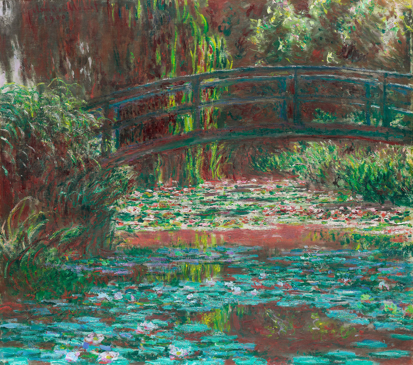 a painting of a bridge over a pond of water lilies