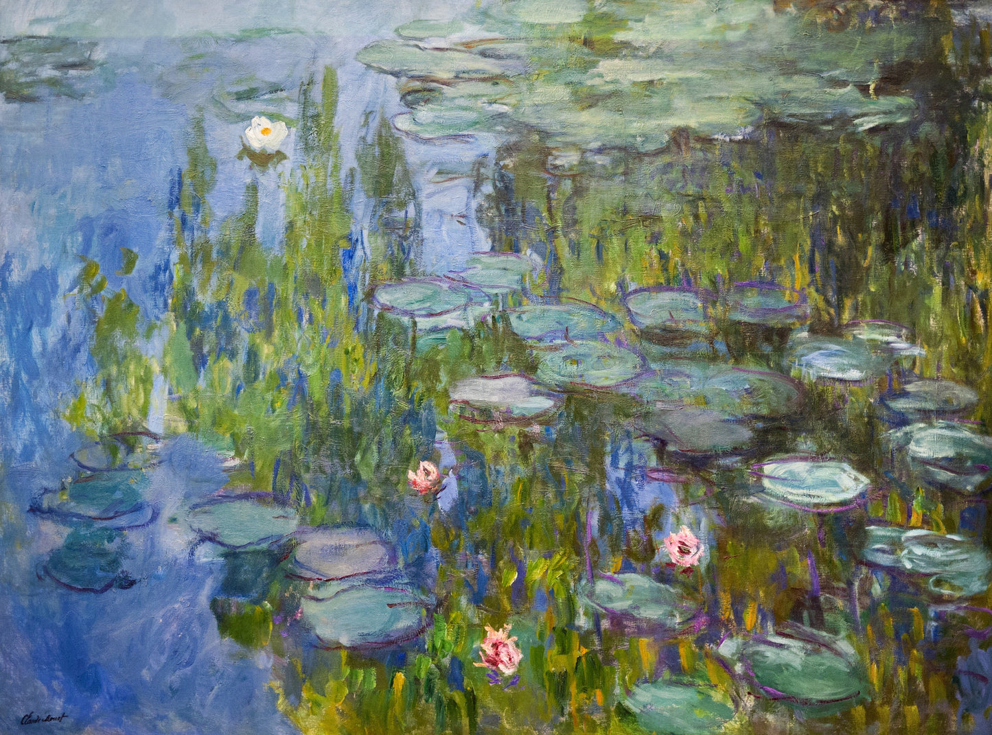 a painting of water lilies in a pond
