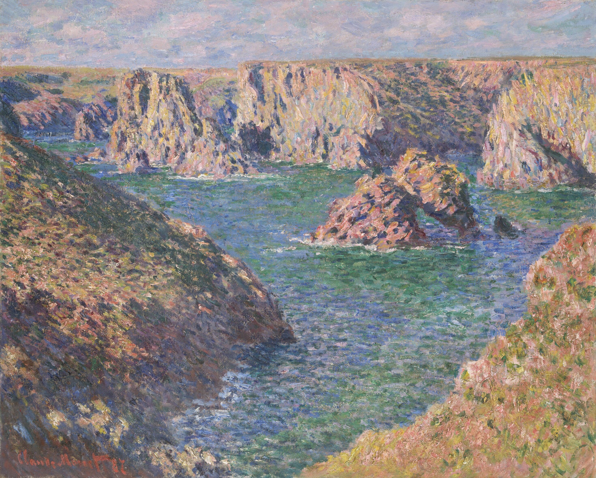 a painting of some rocks in the water