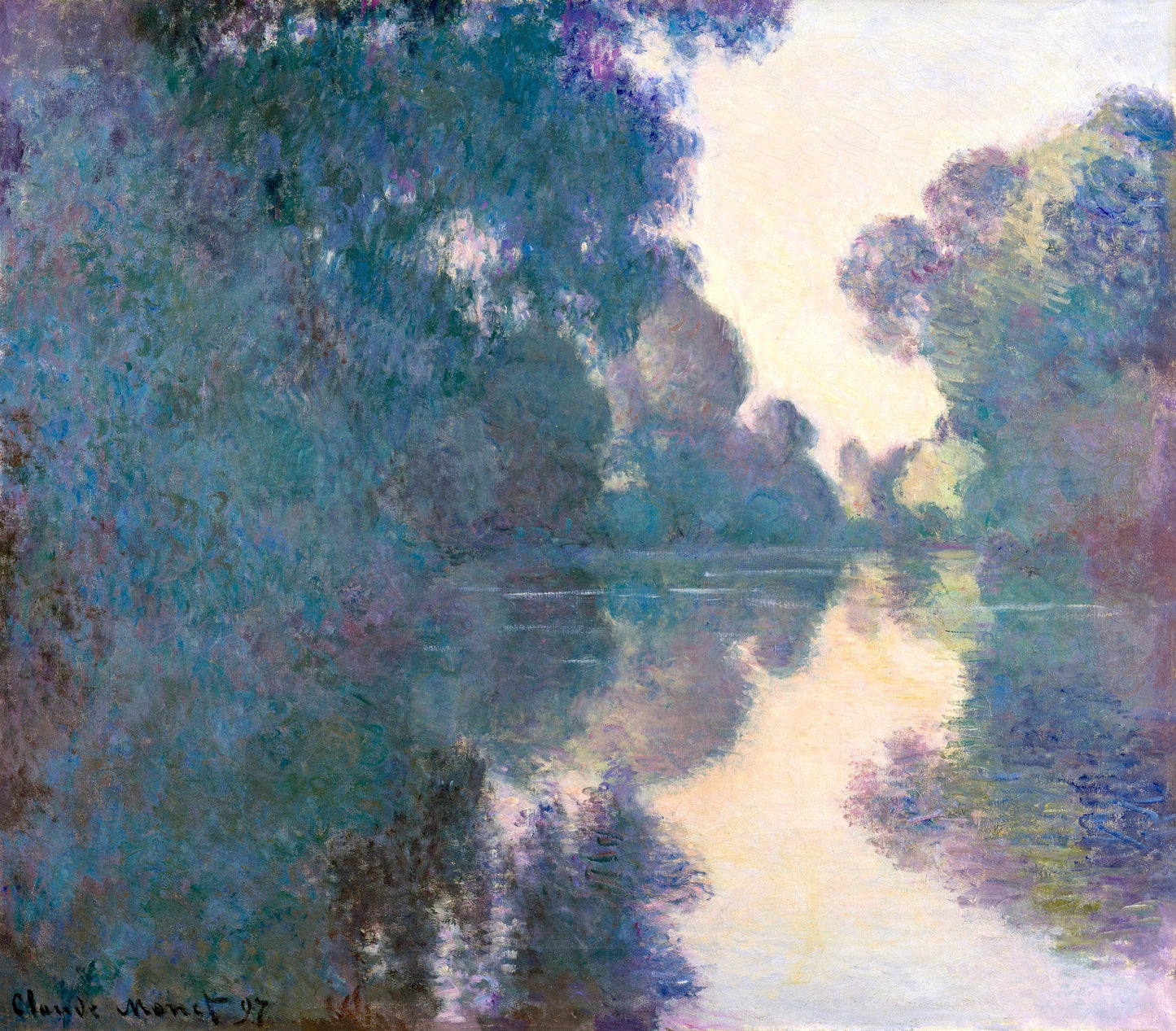 a painting of a body of water surrounded by trees