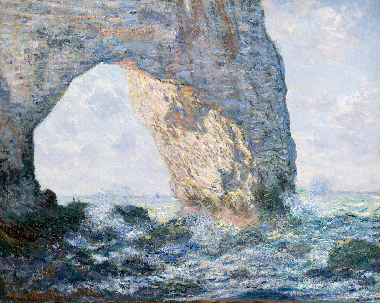 a painting of a large rock sticking out of the ocean