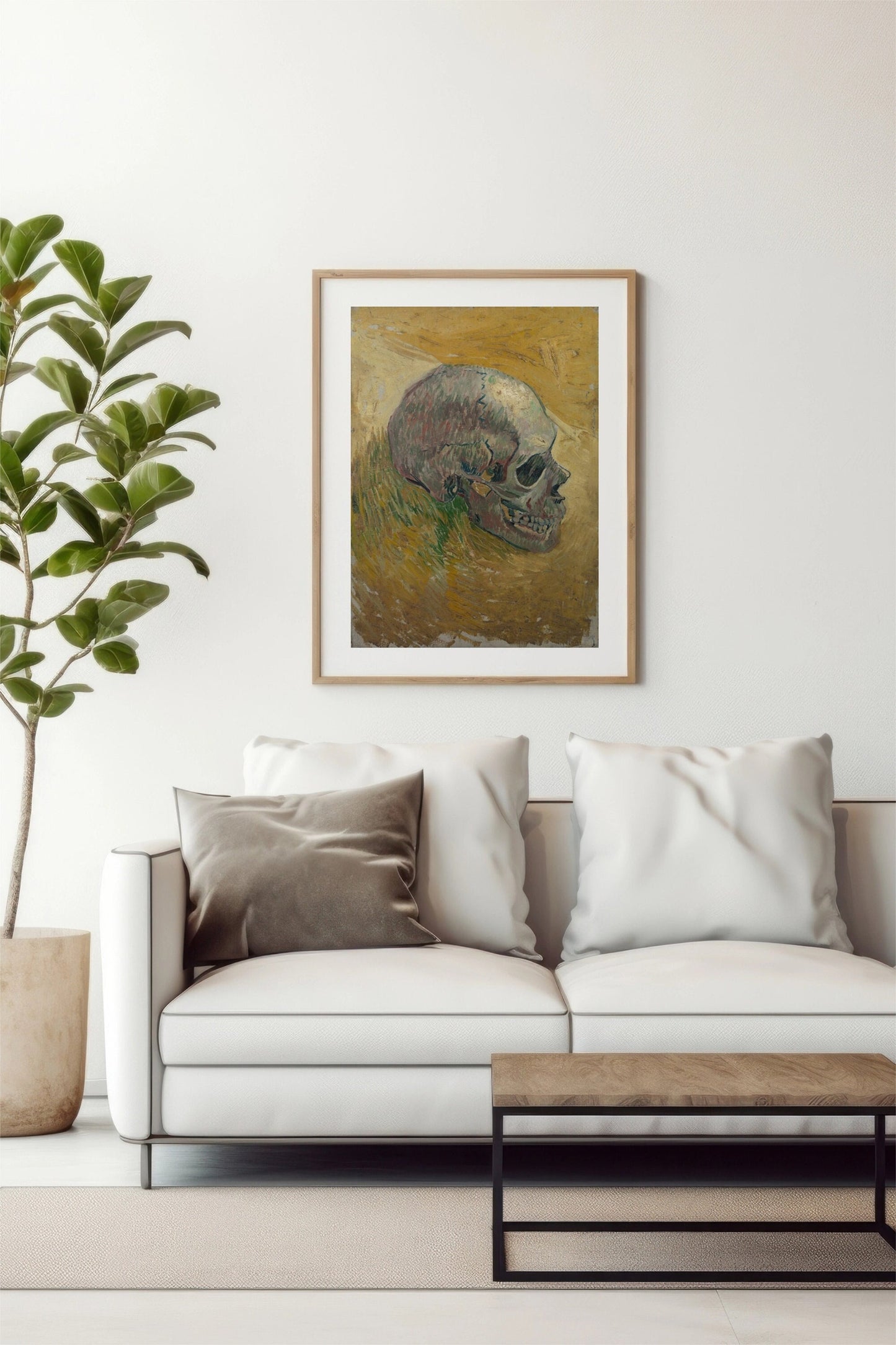 a living room with a couch and a painting on the wall