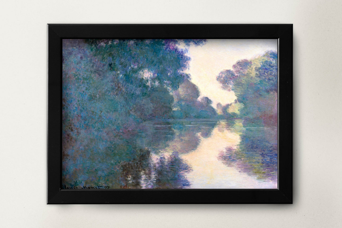 a painting of a river with trees in the background