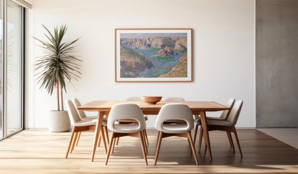a picture of a dining room with a table and chairs