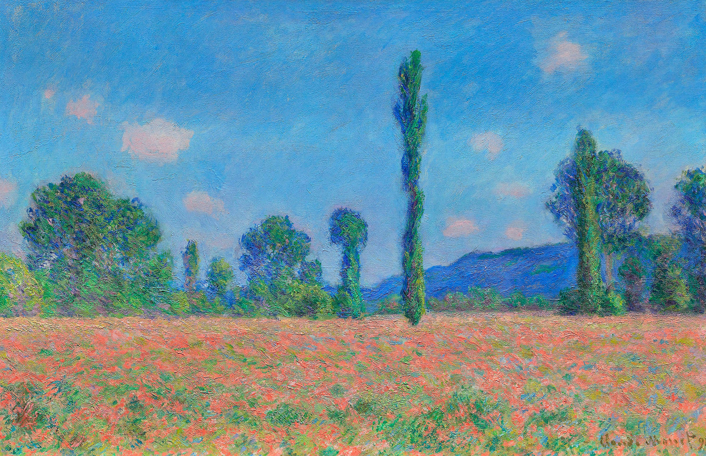 a painting of a field of flowers and trees