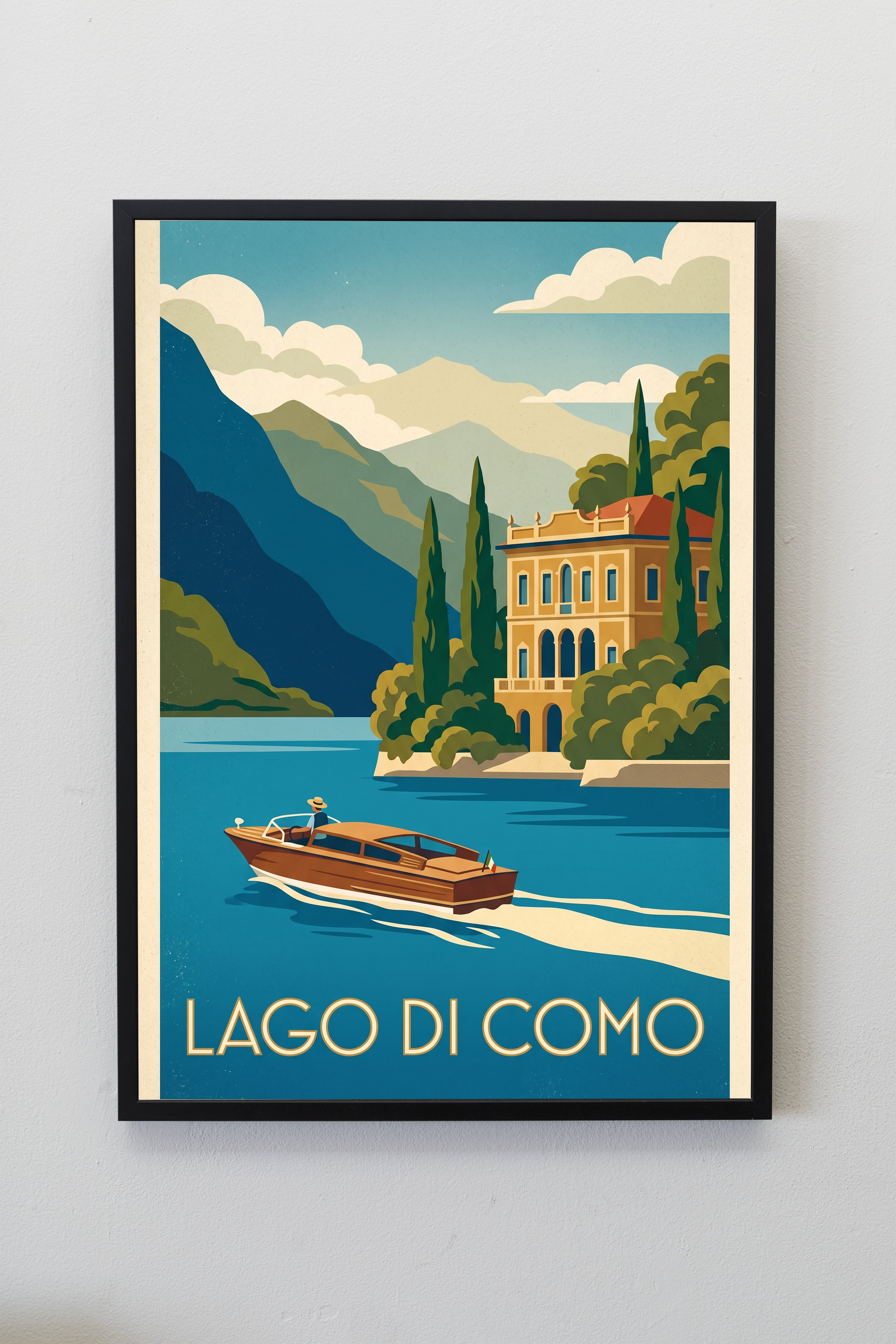 Lago di Como vintage travel poster framed on a gallery wall