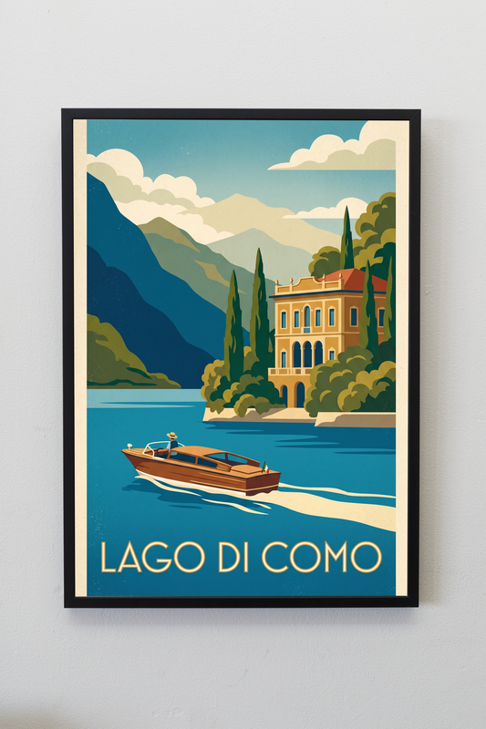 Lago di Como vintage travel poster framed on a gallery wall