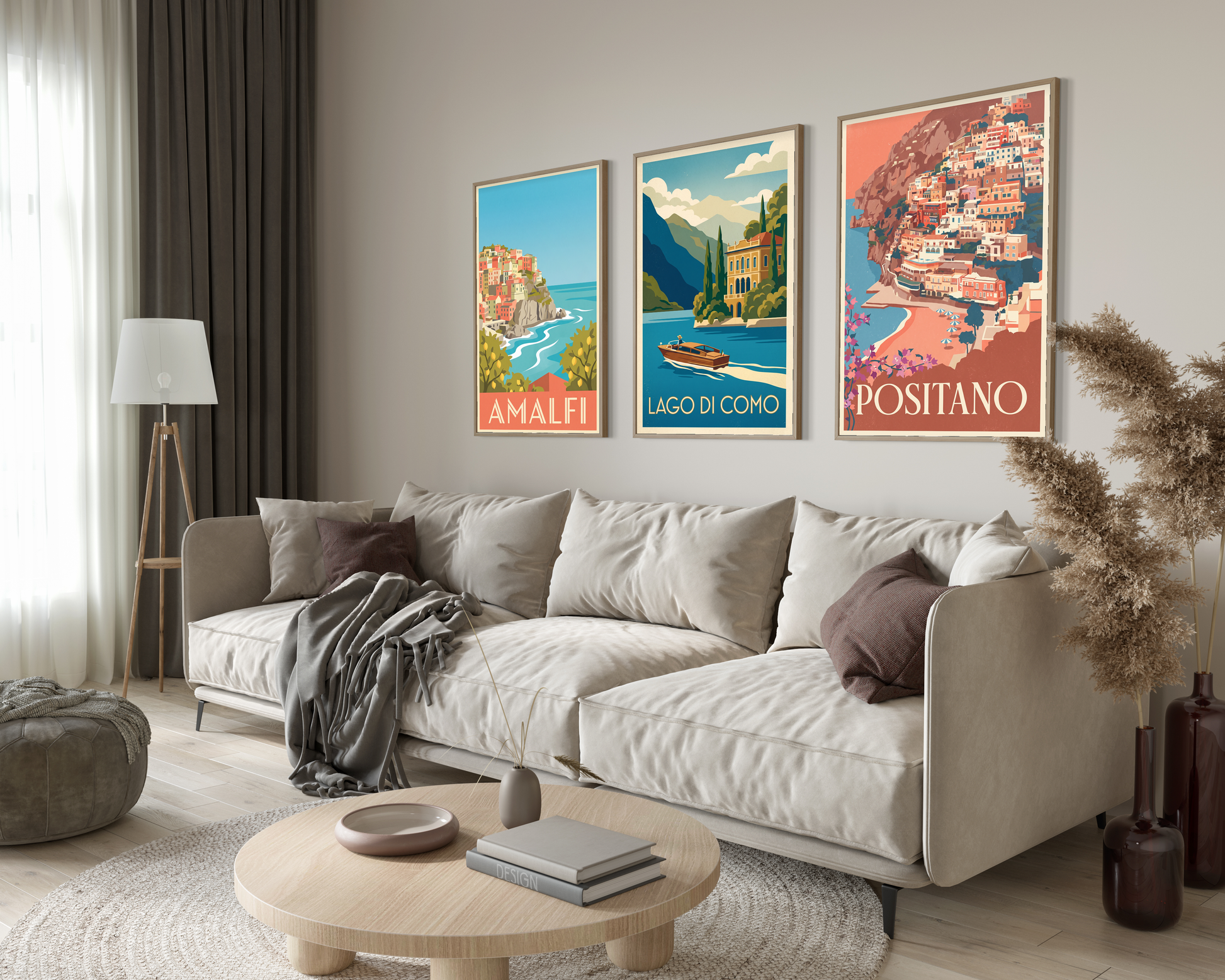 The Italian Summer Trio hung as a gallery wall above a sofa