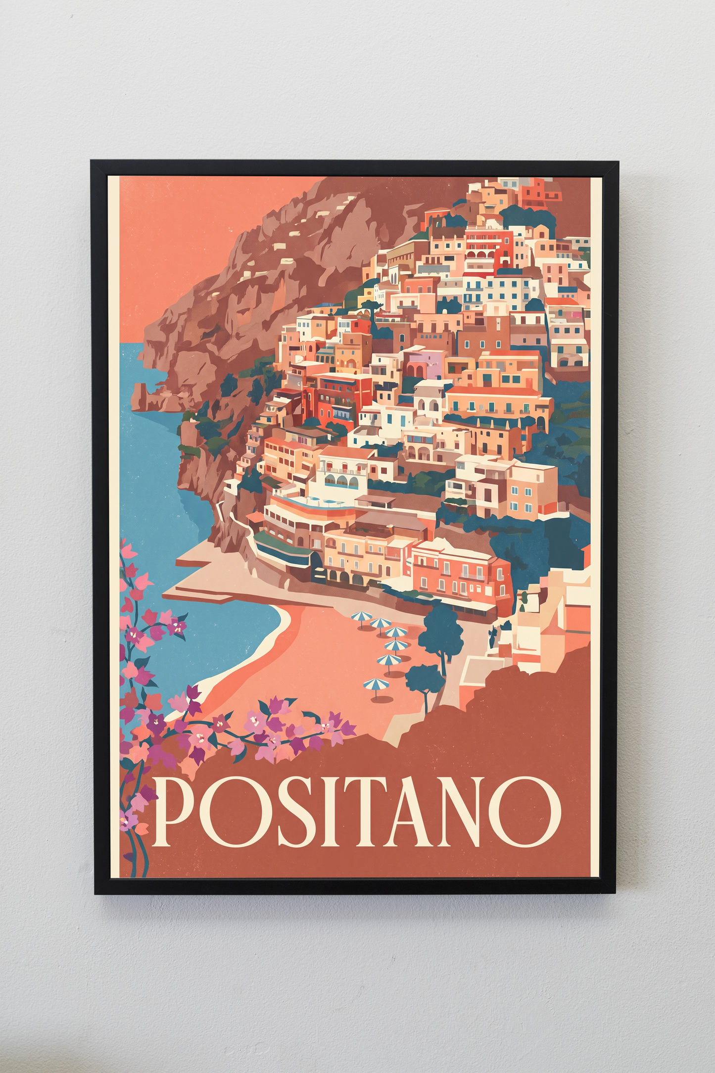 Positano vintage travel poster framed on a gallery wall