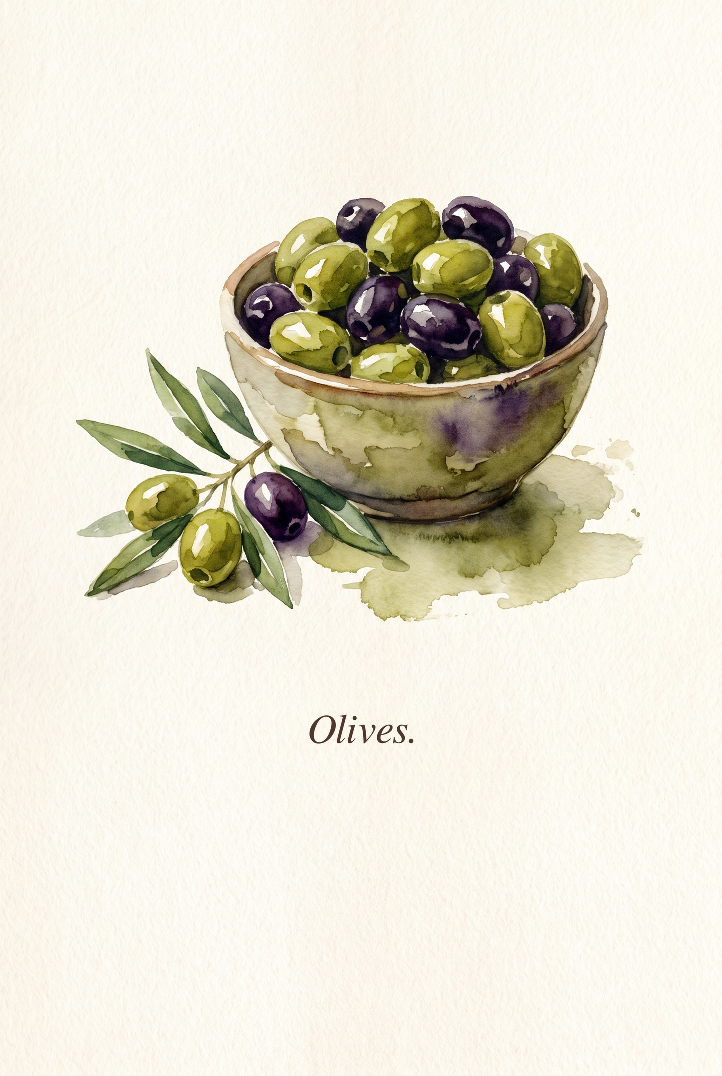 Olives watercolour kitchen art print artwork on warm cream paper