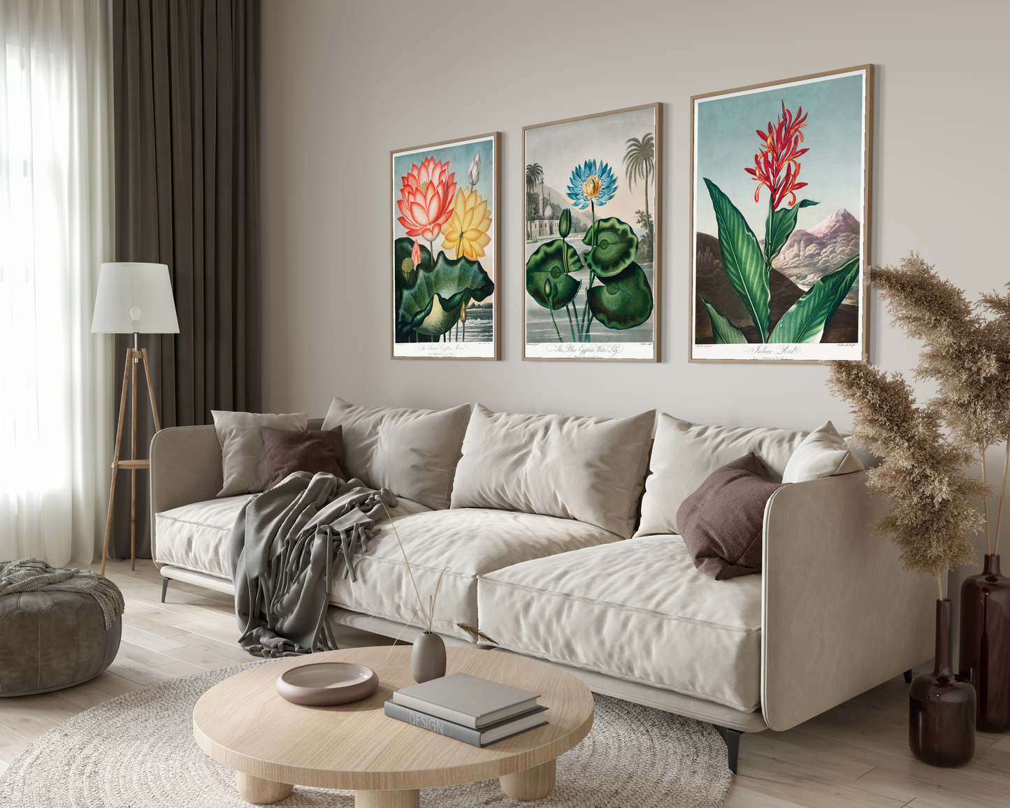 The Botanist's Trio hung as a gallery wall above a sofa