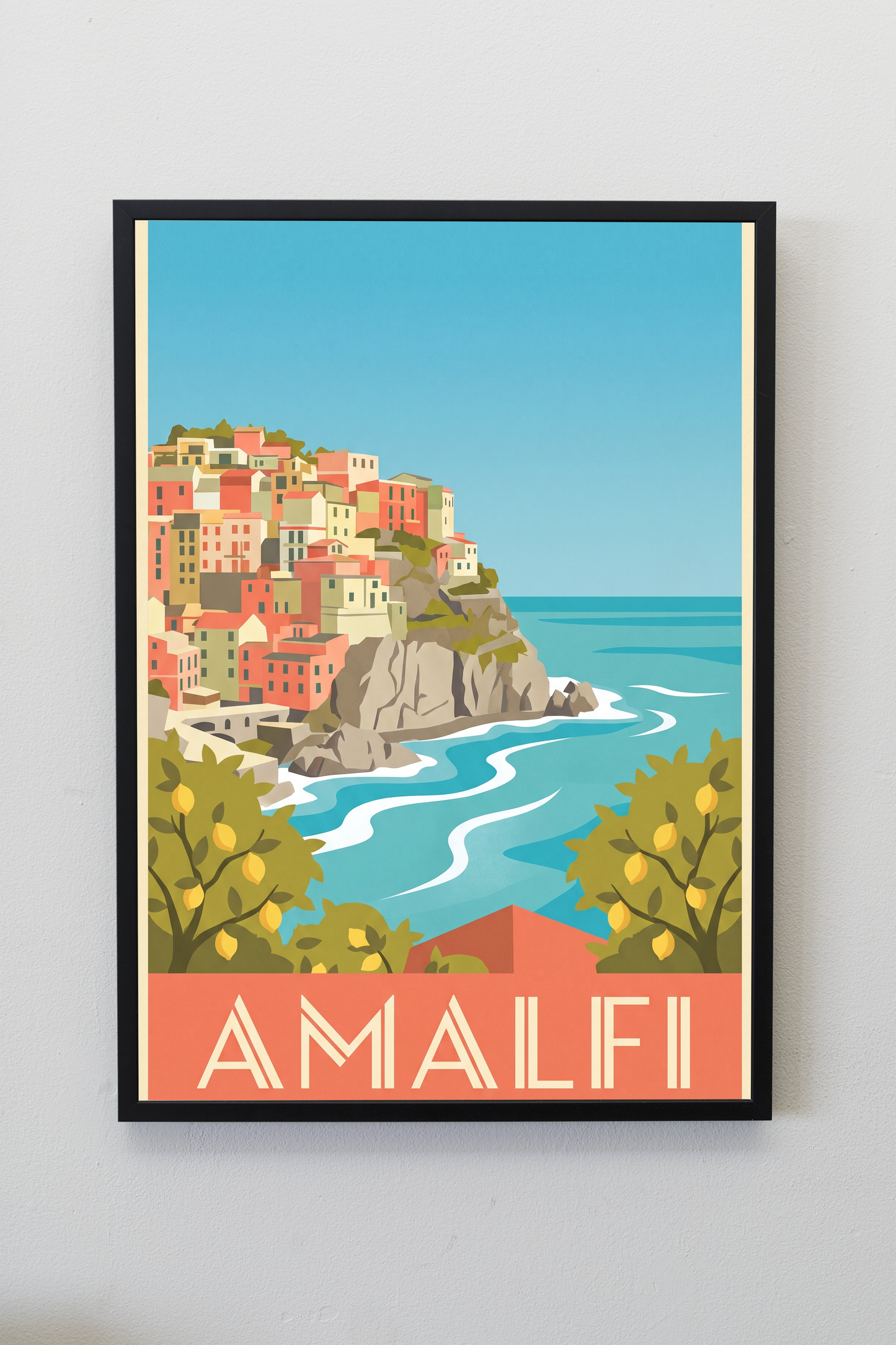 Amalfi vintage travel poster framed on a gallery wall