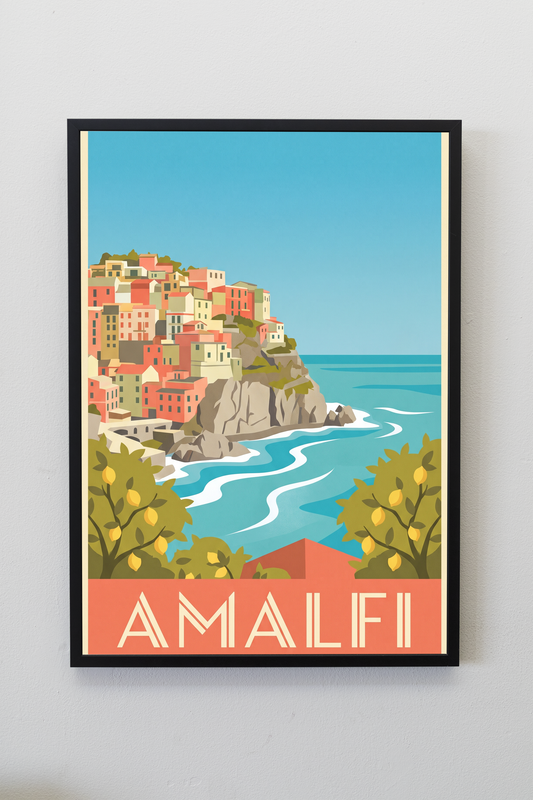 Amalfi vintage travel poster framed on a gallery wall