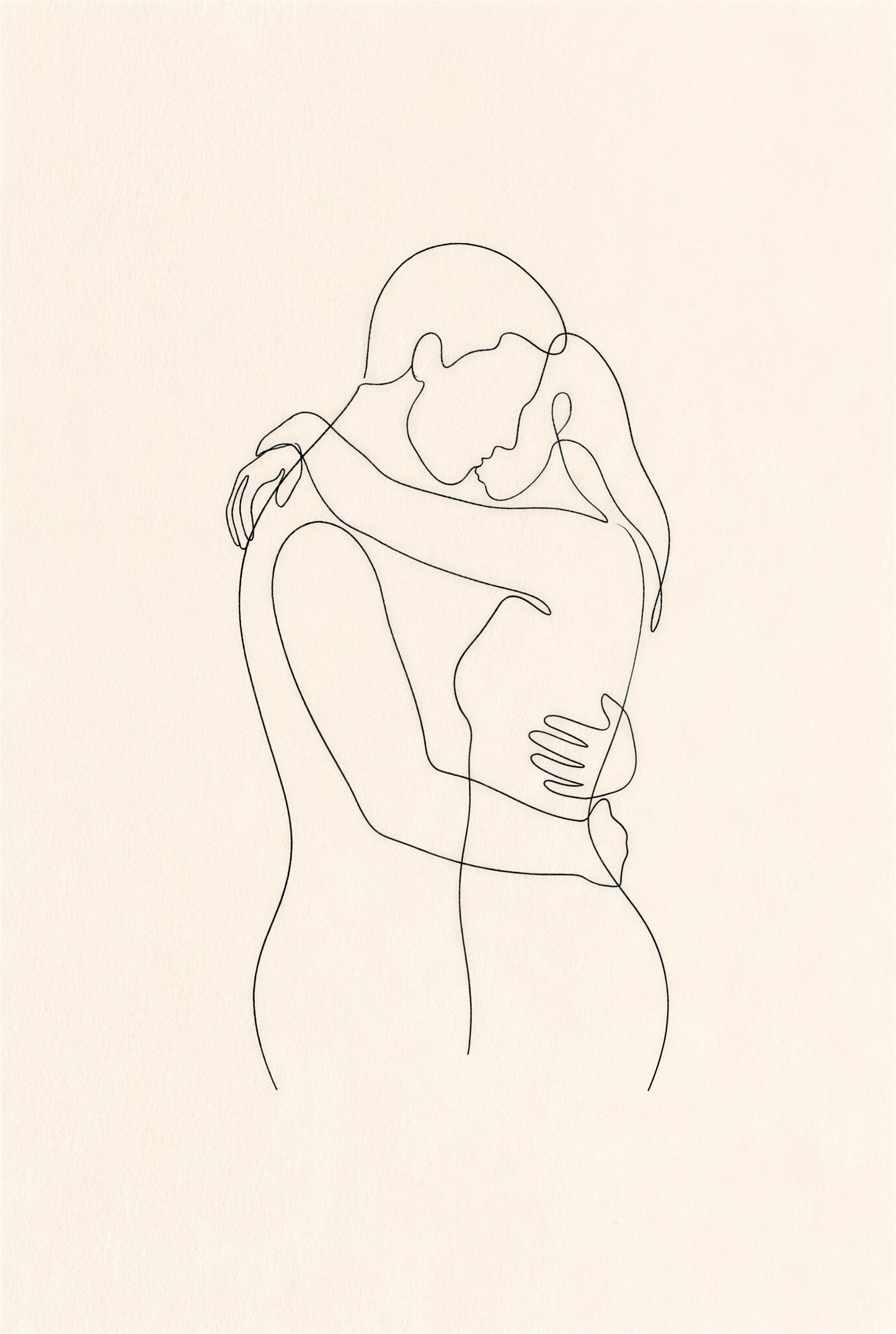 The Embrace one line drawing of couple embracing on cream