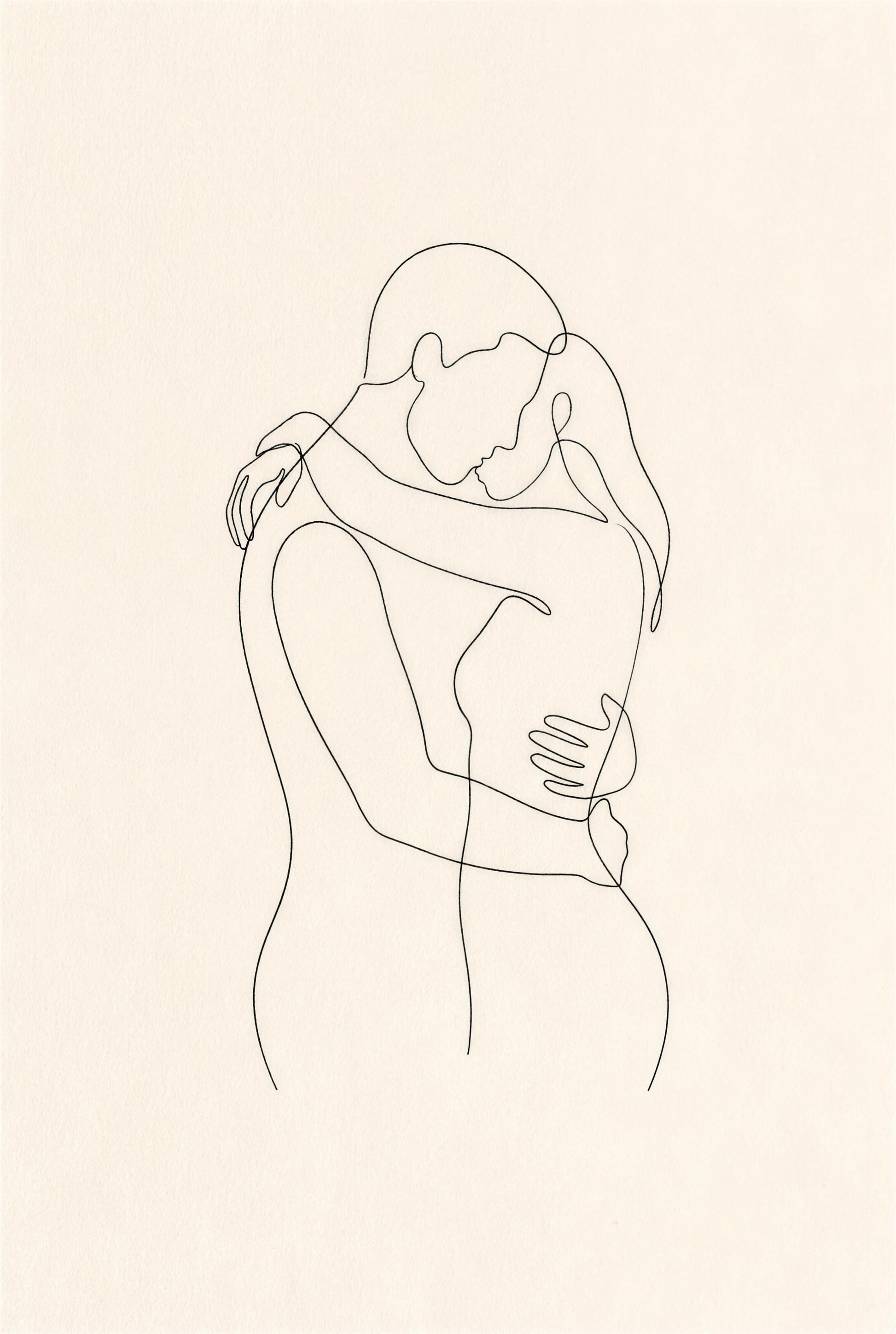 The Embrace one line drawing of couple embracing on cream