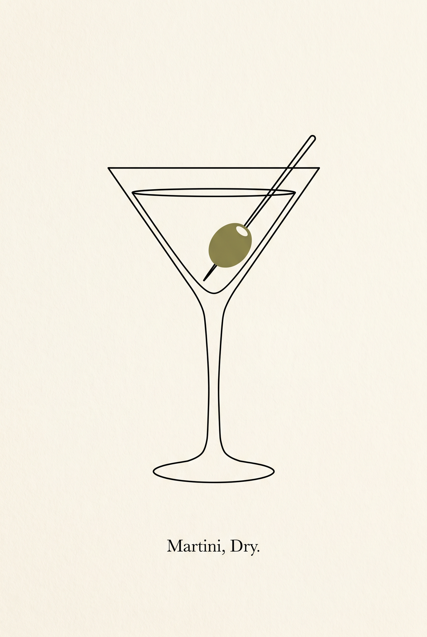 Martini Dry bar cart line art print with olive accent