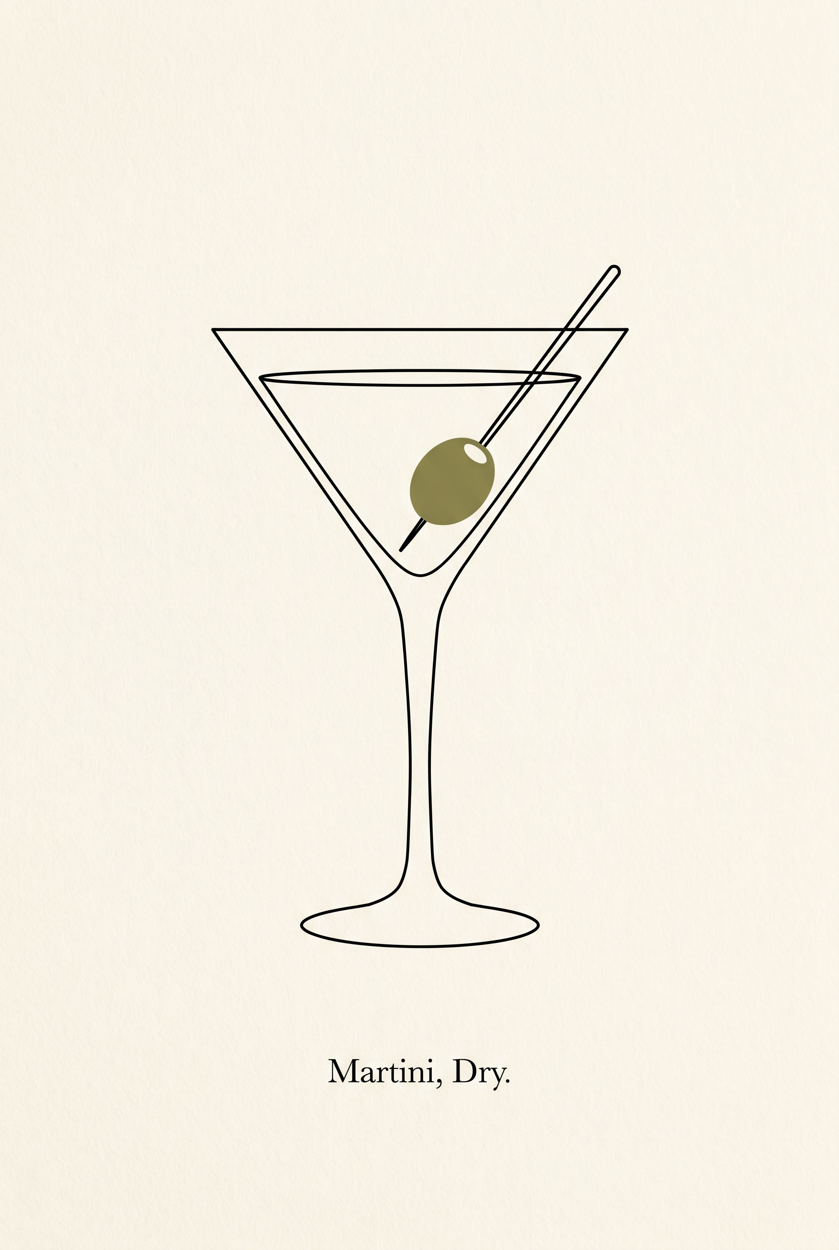 Martini Dry bar cart line art print with olive accent