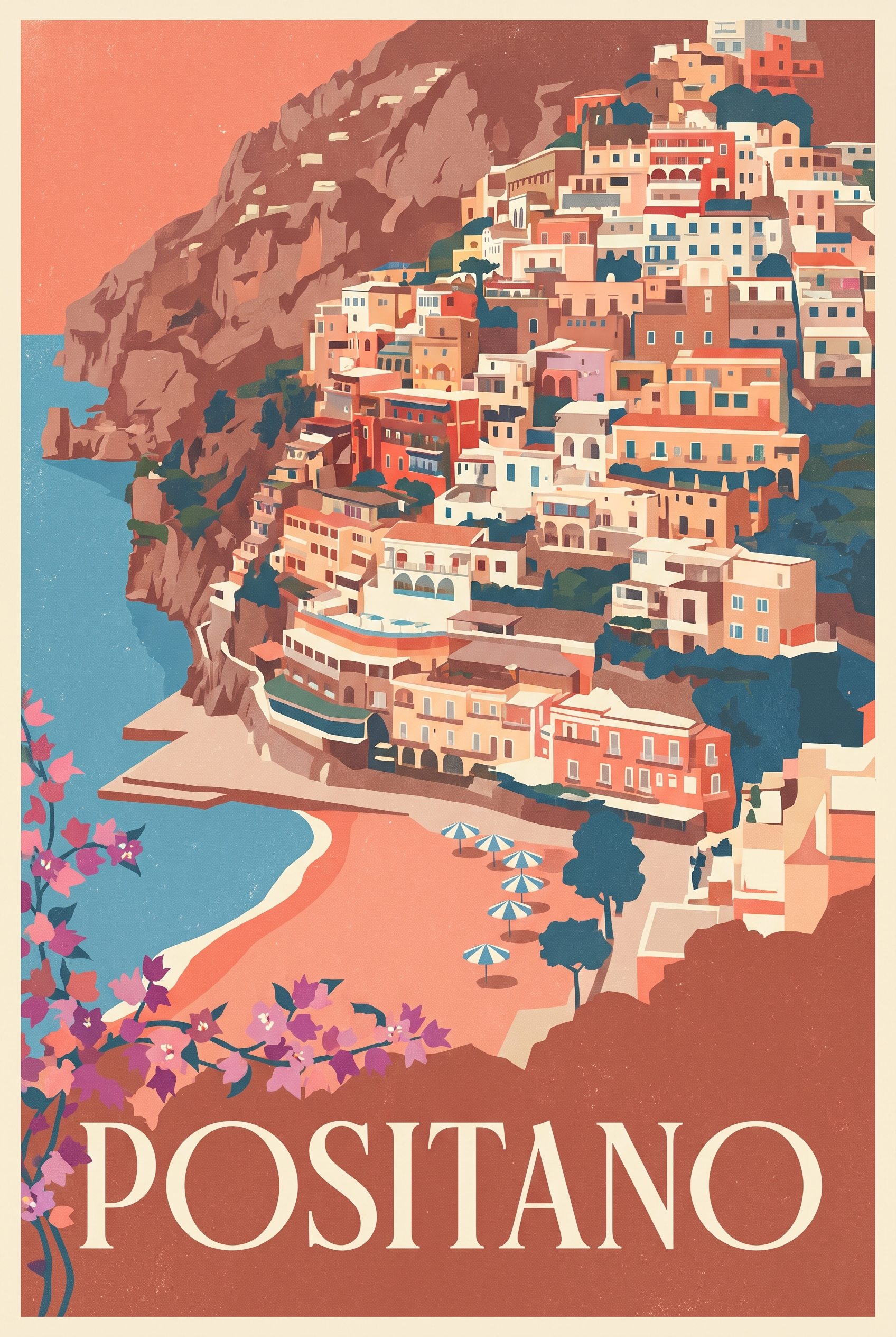 Positano vintage Italian travel poster in coral and azure