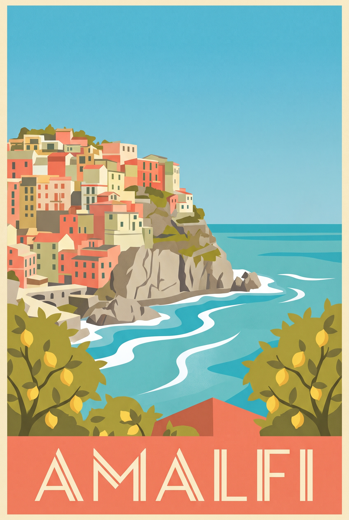 Amalfi vintage Italian travel poster in azure, coral and cream