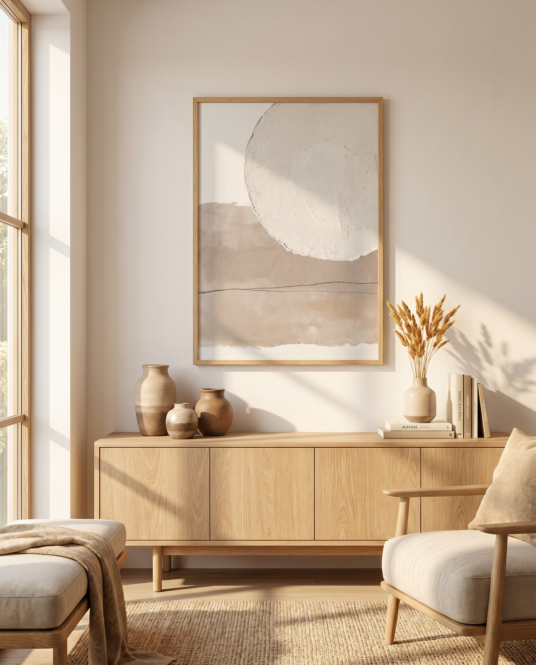 Terra Forms No.3 framed in oak above an oak sideboard