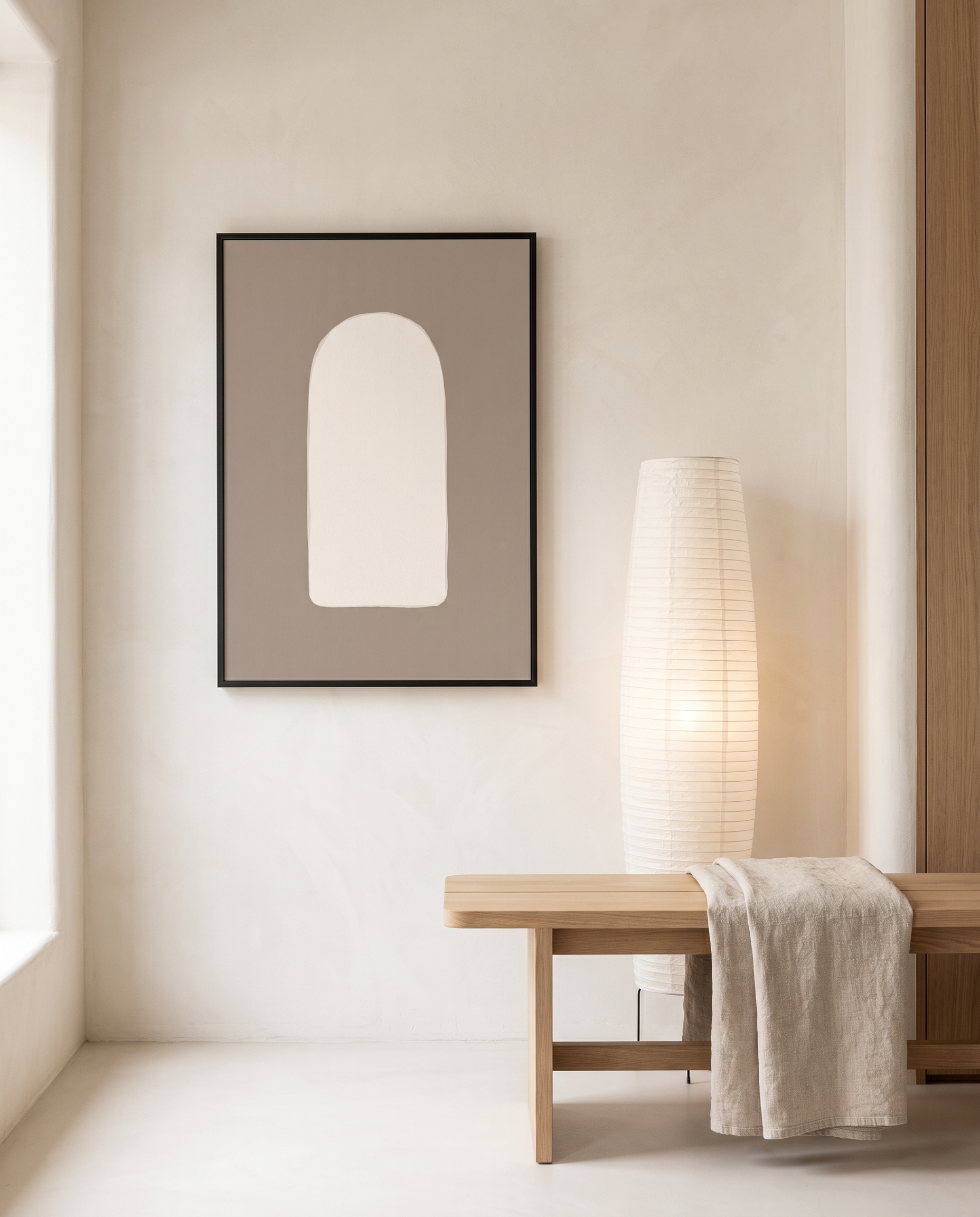 Arch Study I framed in black in a japandi hallway