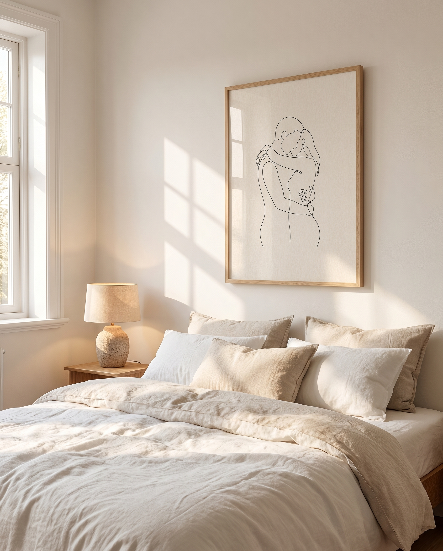 The Embrace framed in oak above a linen bed