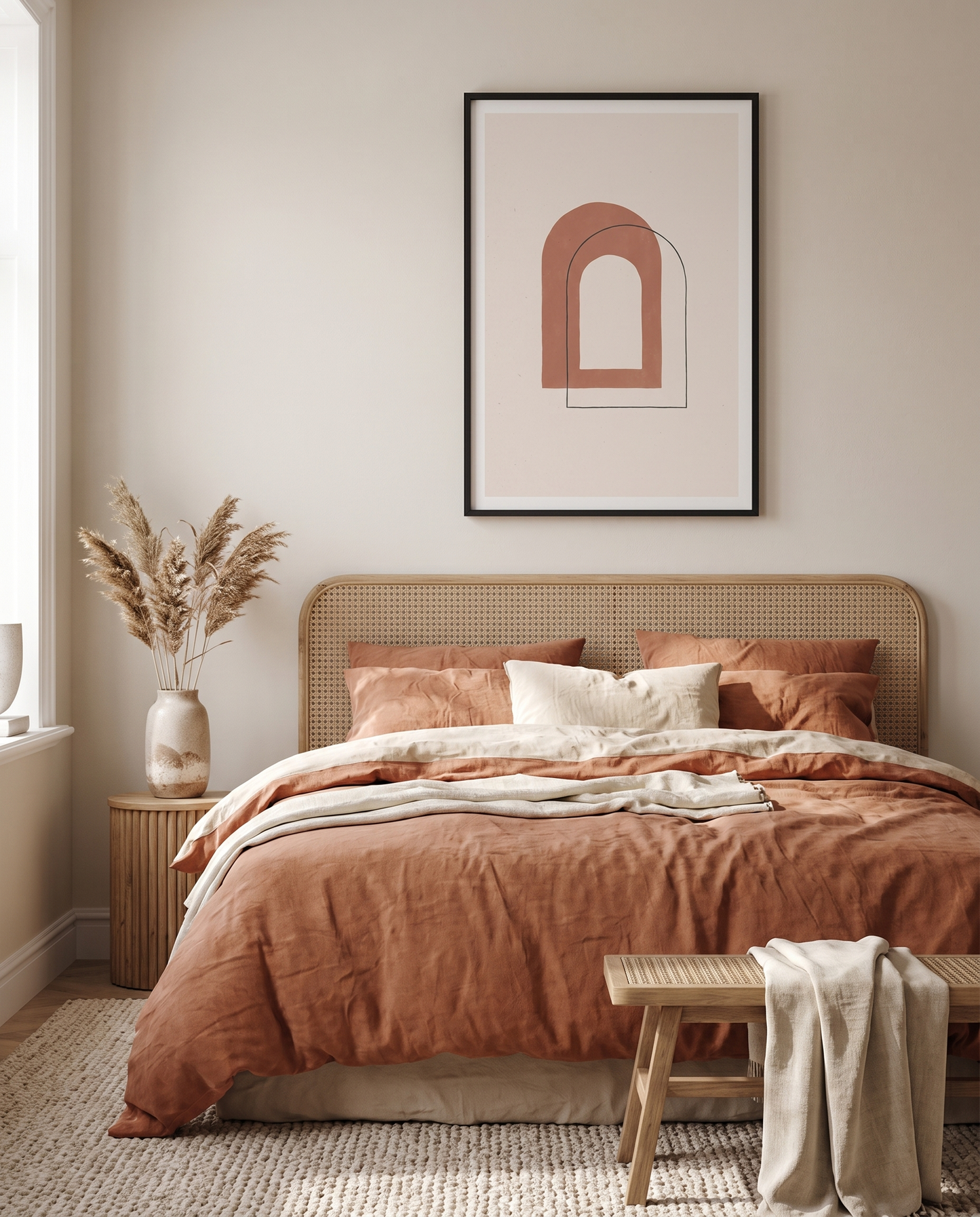 Arch Study II framed in black above a rattan headboard bed