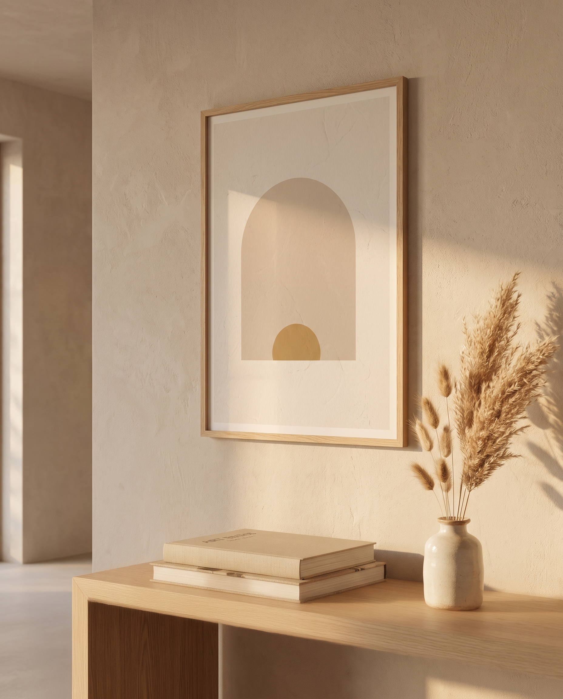 Arch Study III framed in oak above a console table