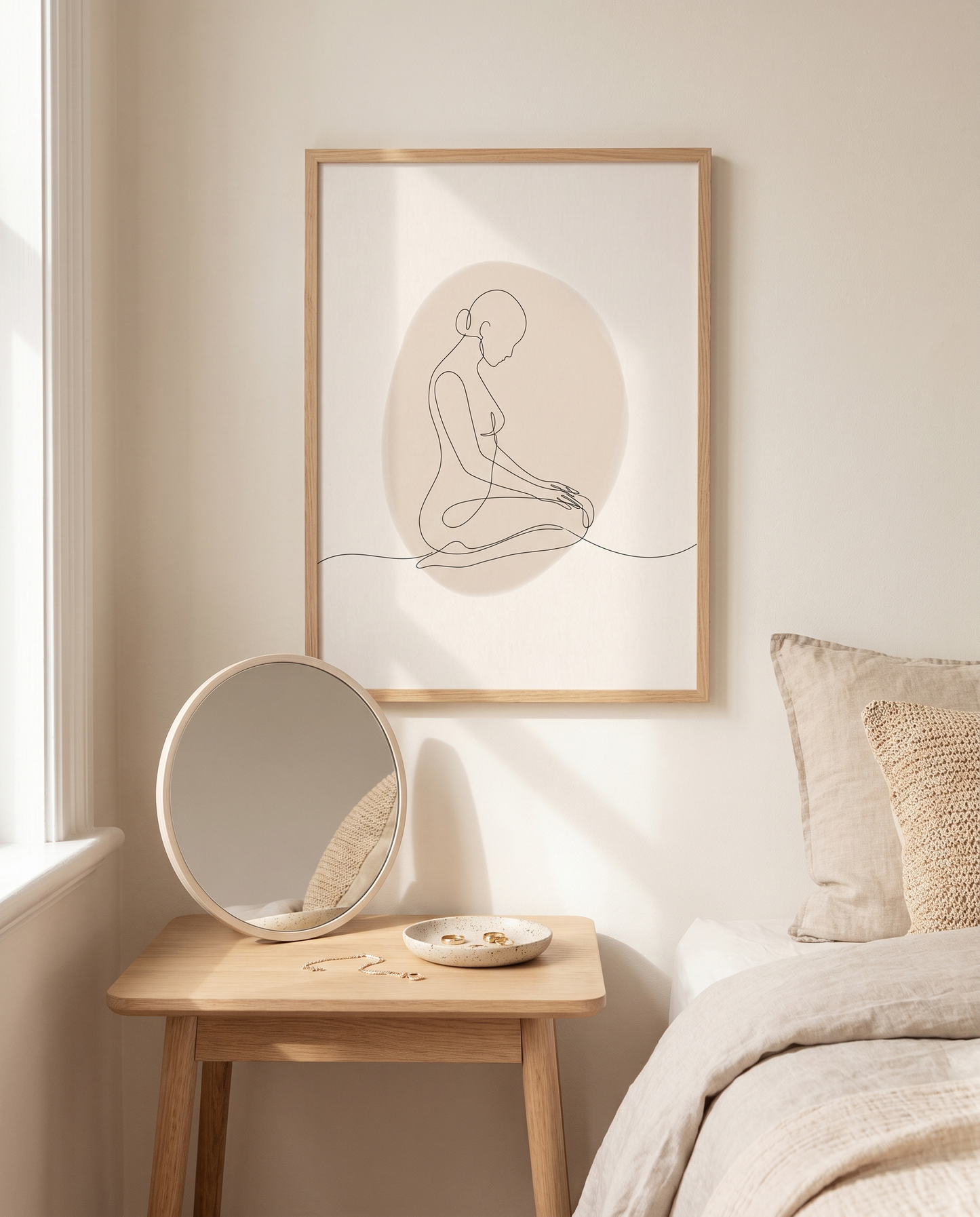 Still framed in oak above a bedroom dressing table