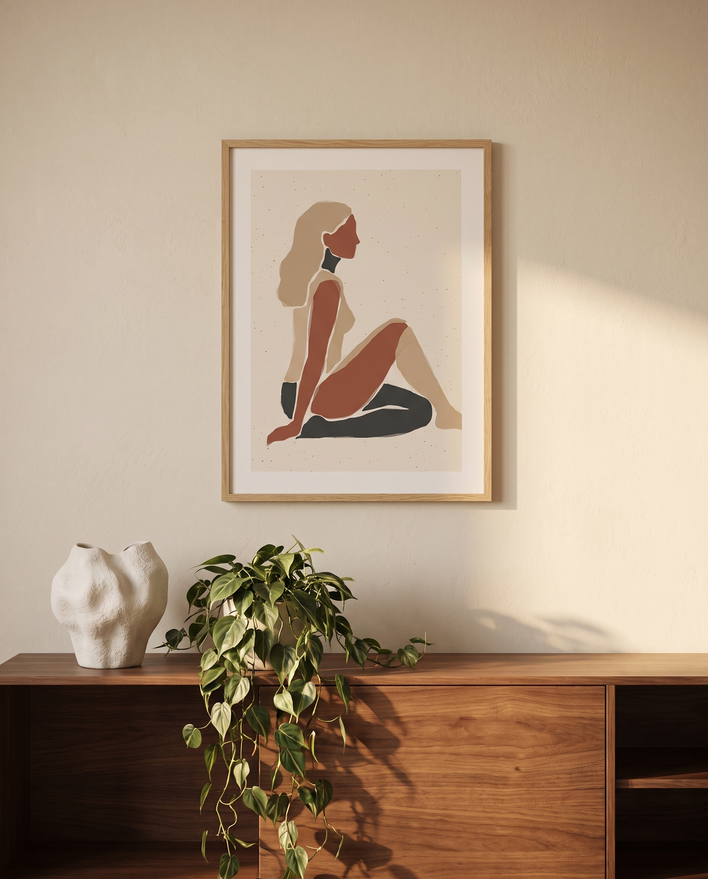 Figure at Rest framed in oak above a walnut media unit