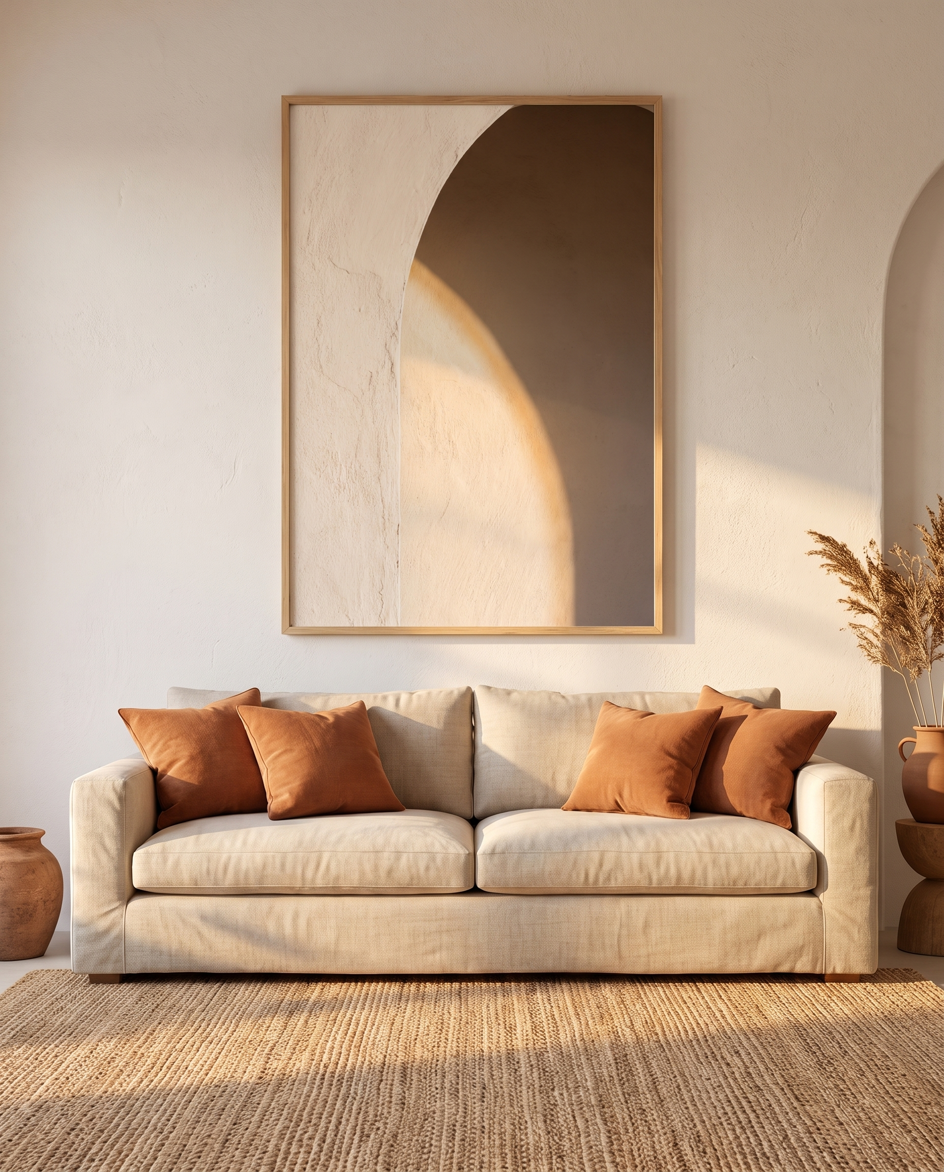 Sunlit Wall Alentejo framed in oak above a linen sofa
