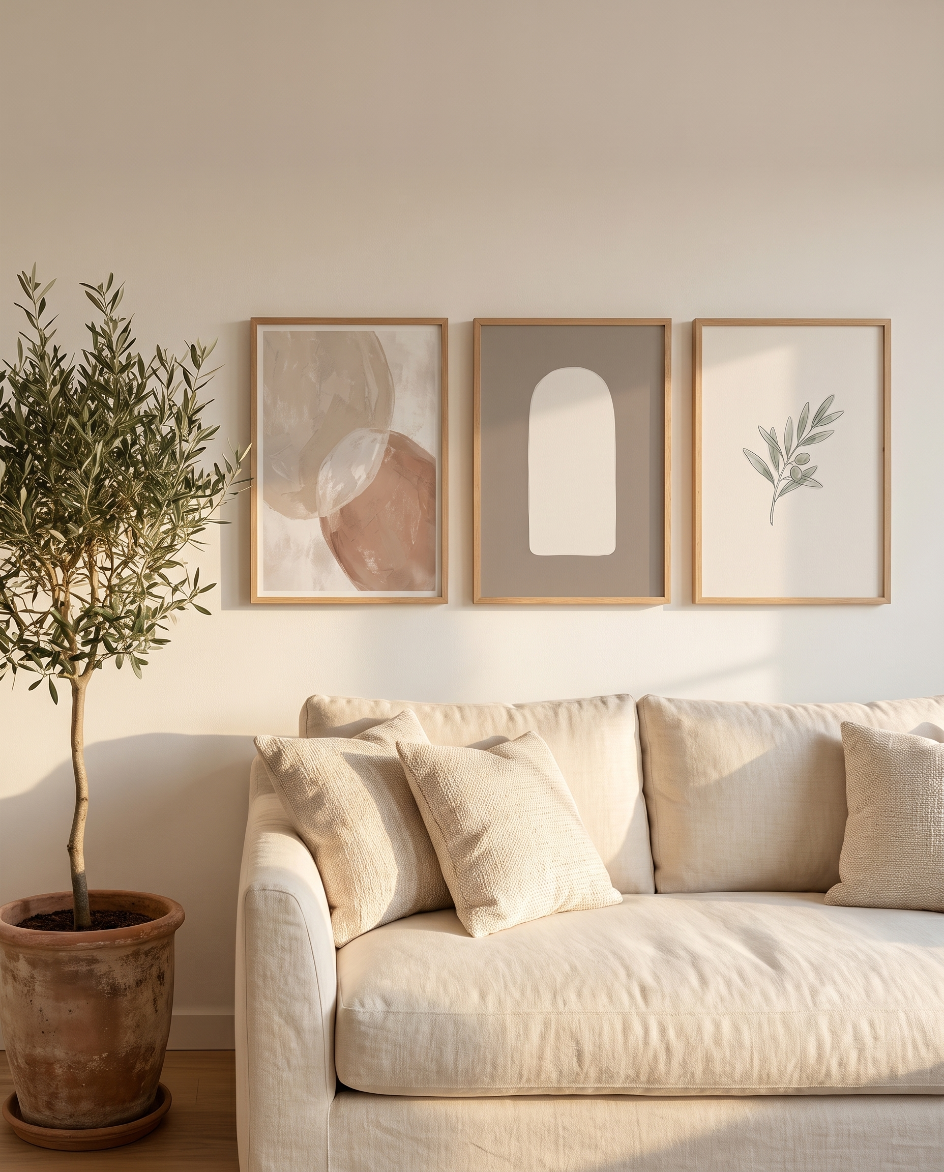 The Warm Minimal Trio hung as a gallery wall above a cream linen sofa