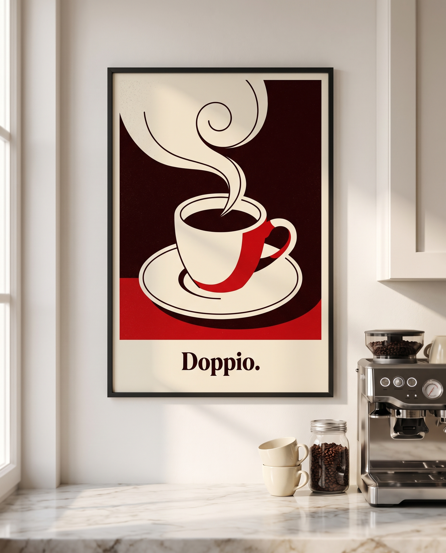 Doppio espresso print framed in black above a marble kitchen worktop