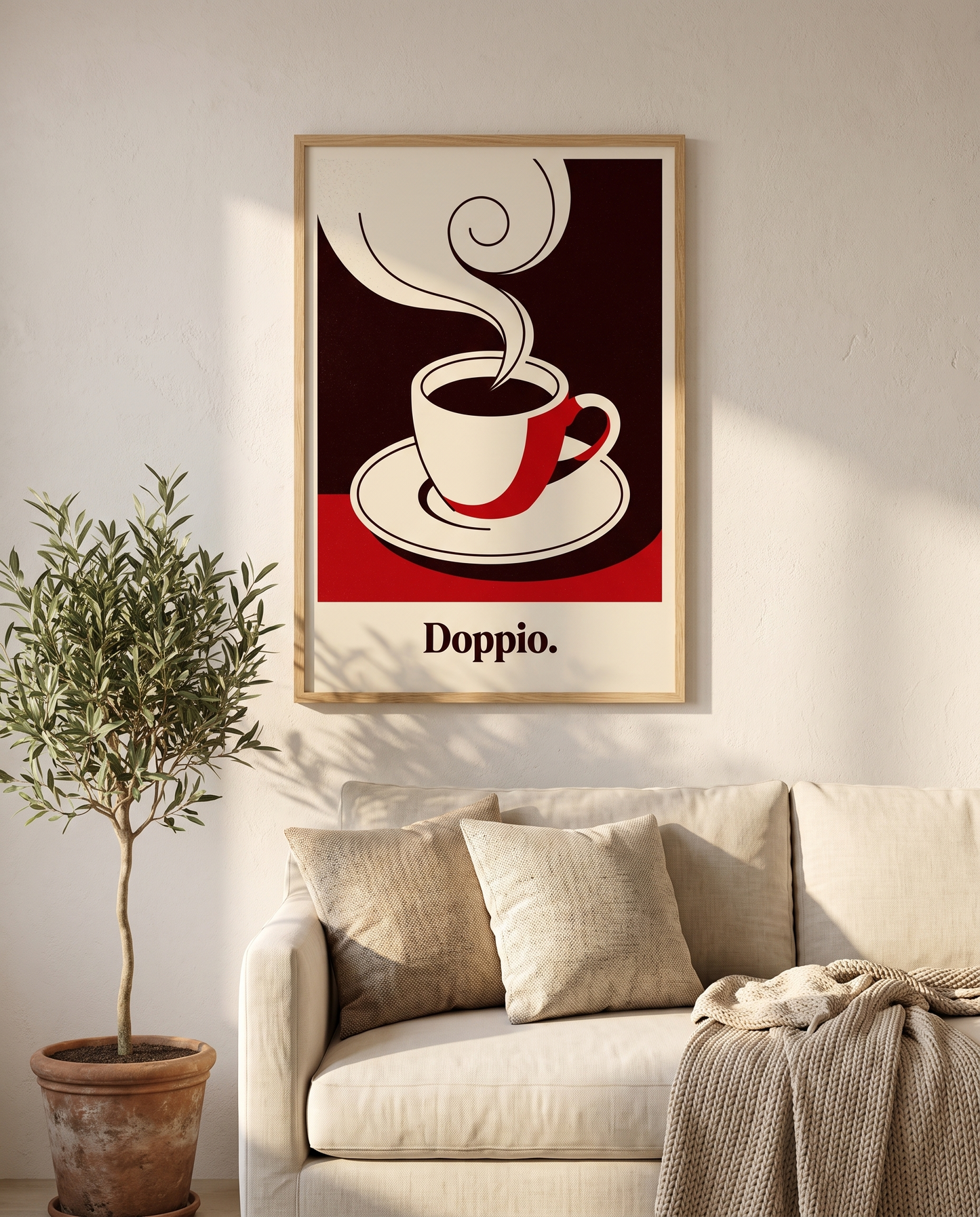 Doppio espresso print framed in oak above a cream linen sofa