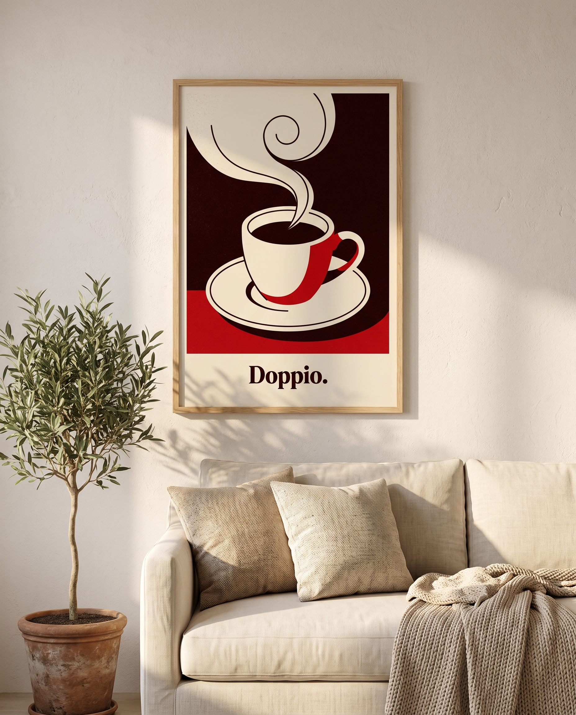 Doppio espresso print framed in oak above a cream linen sofa