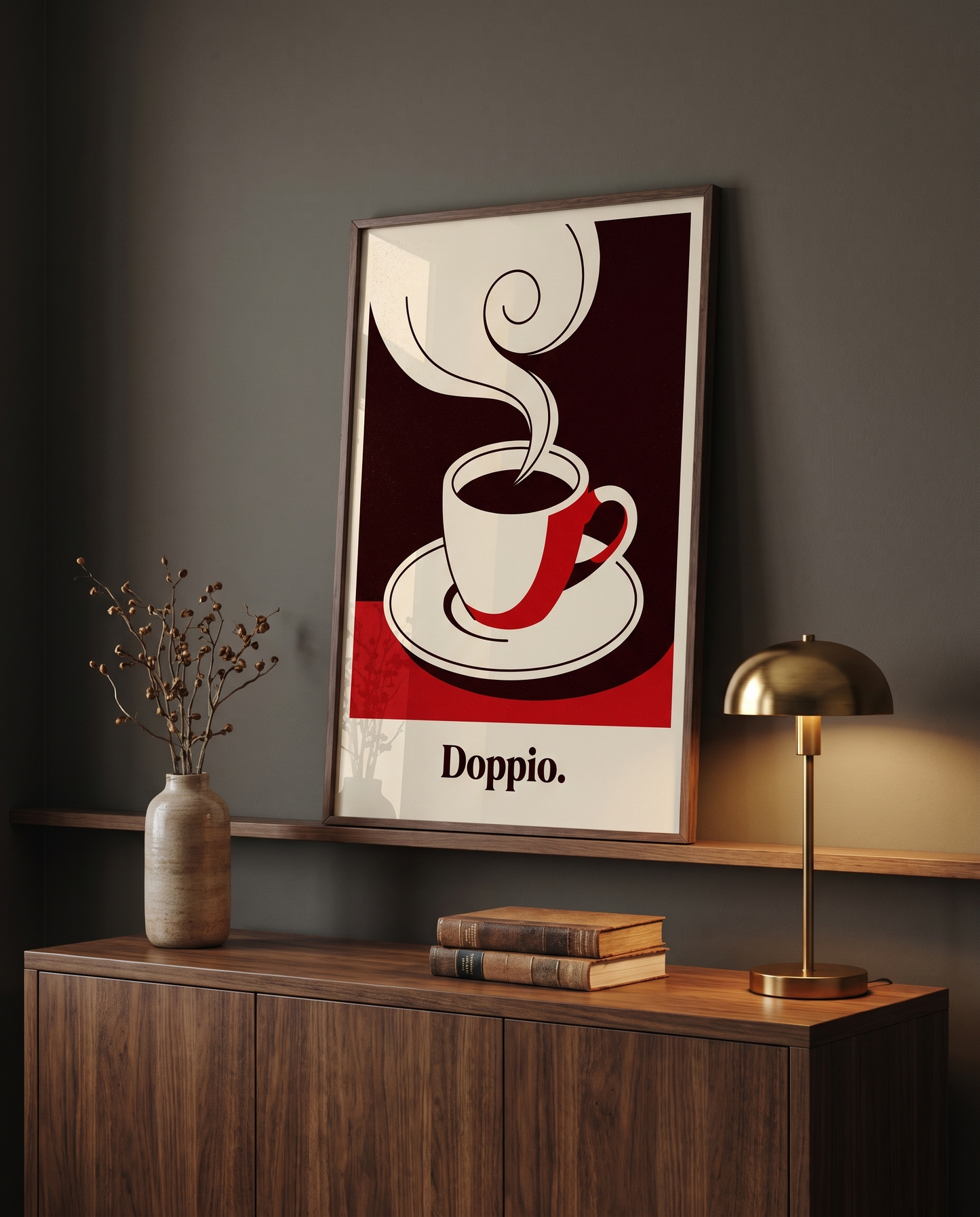 Doppio espresso print in walnut frame on a lounge picture ledge