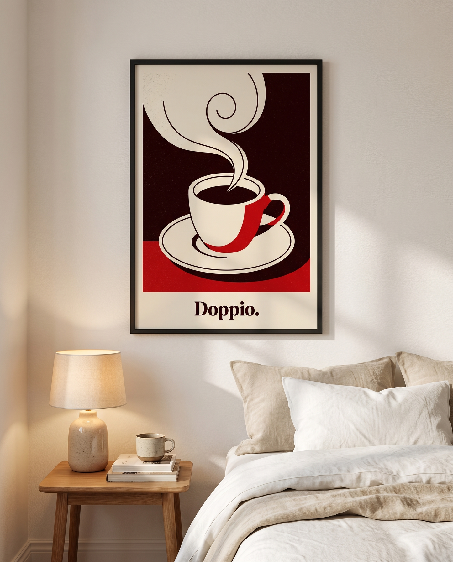 Doppio espresso print framed in black above a bedside table