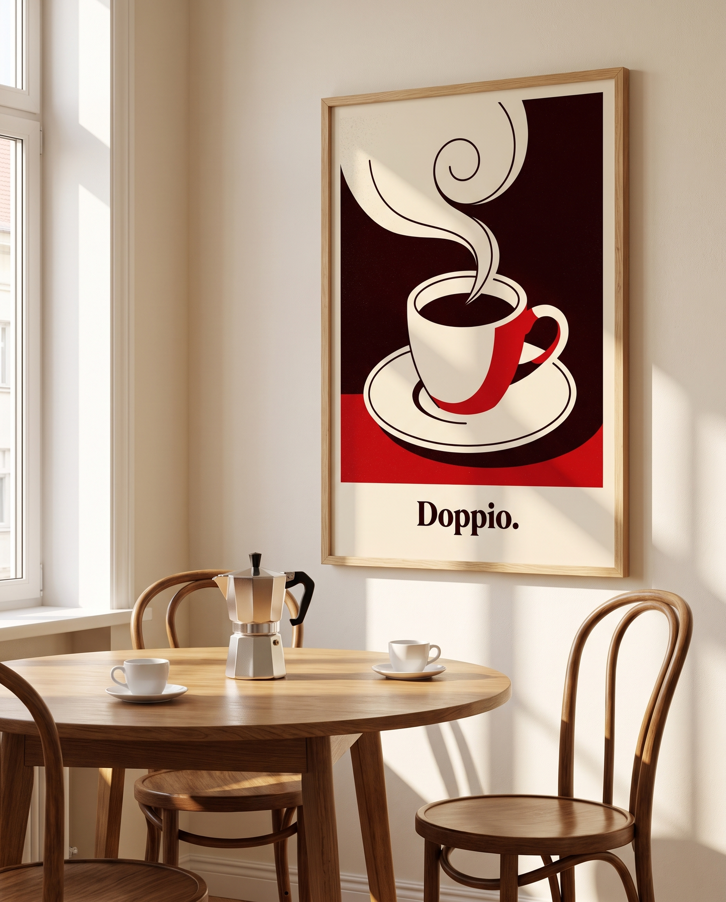 Doppio espresso print framed in oak beside a breakfast nook