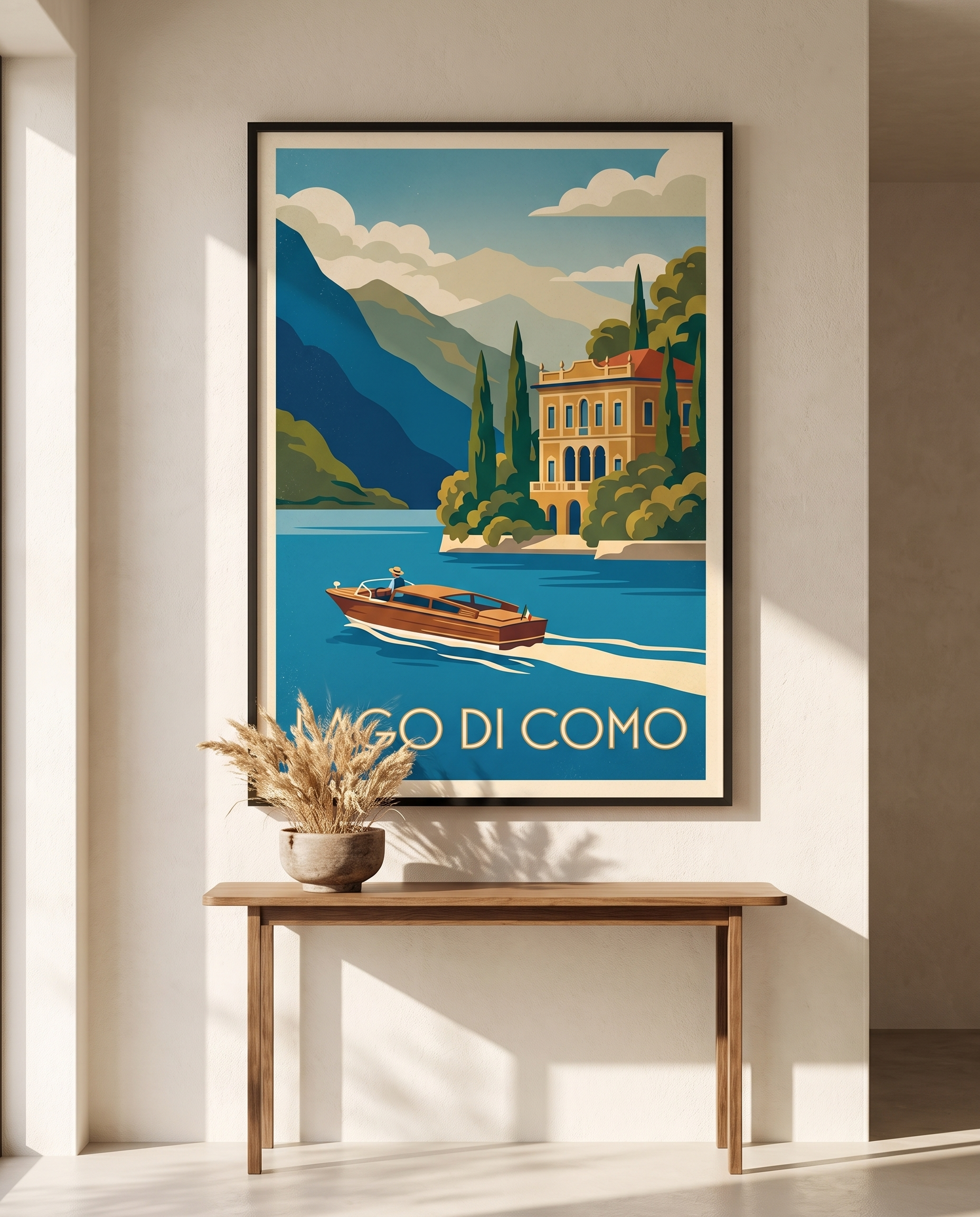 Lago di Como travel poster framed in black above a hallway console