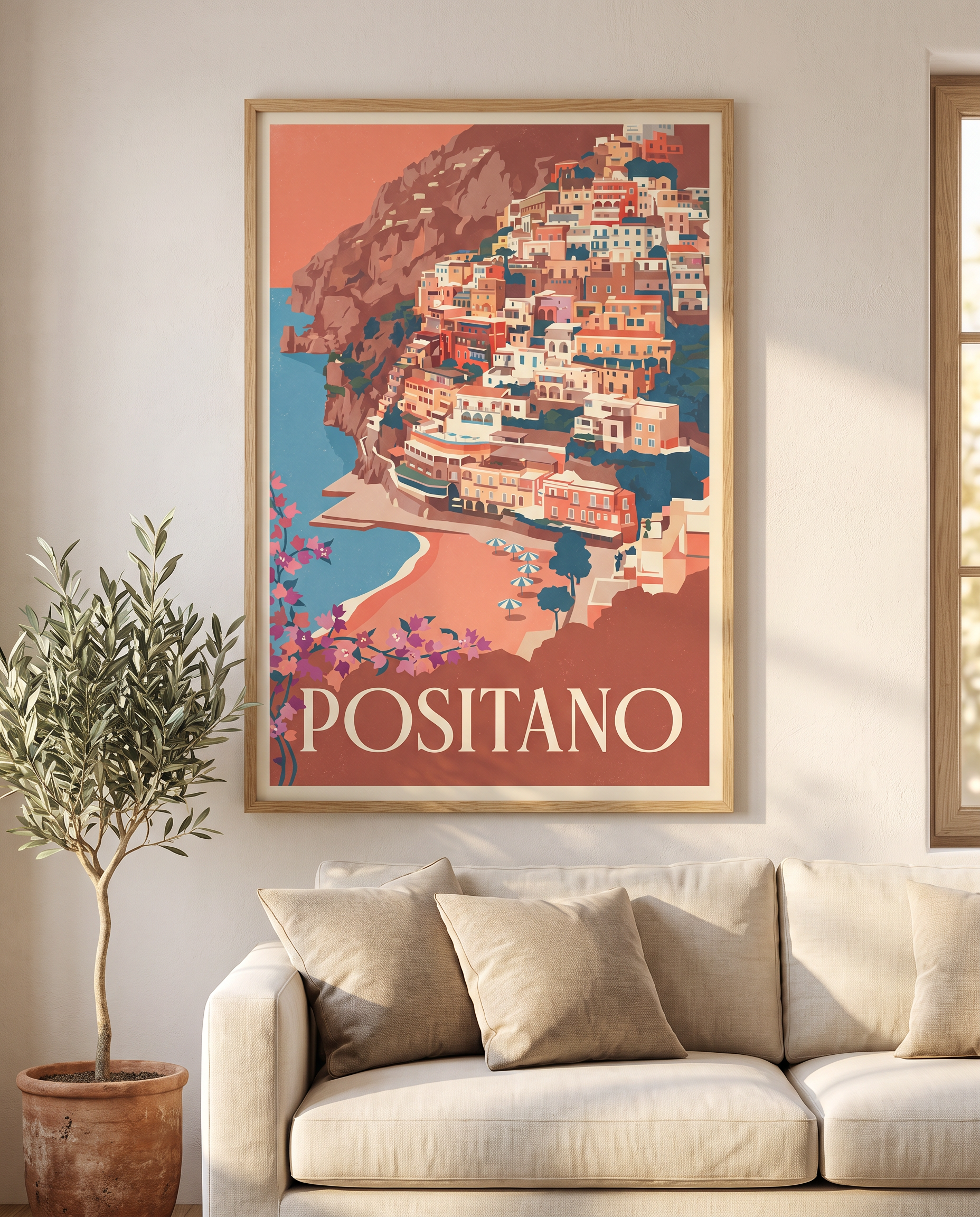 Positano travel poster framed in oak above a cream linen sofa