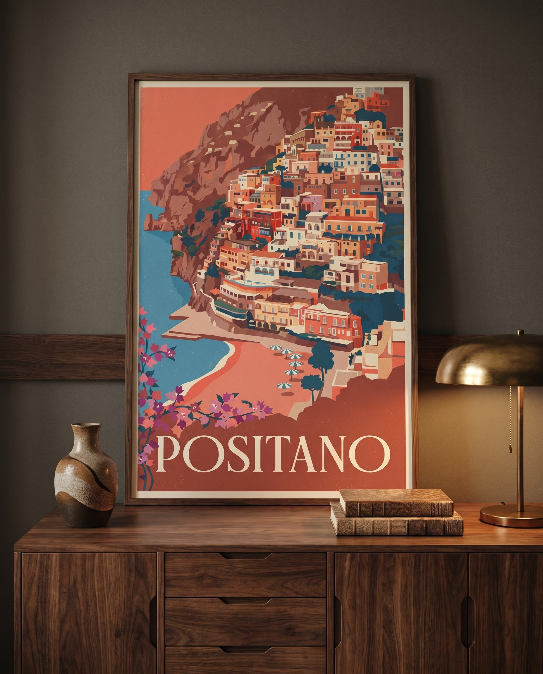 Positano travel poster in walnut frame on a lounge picture ledge