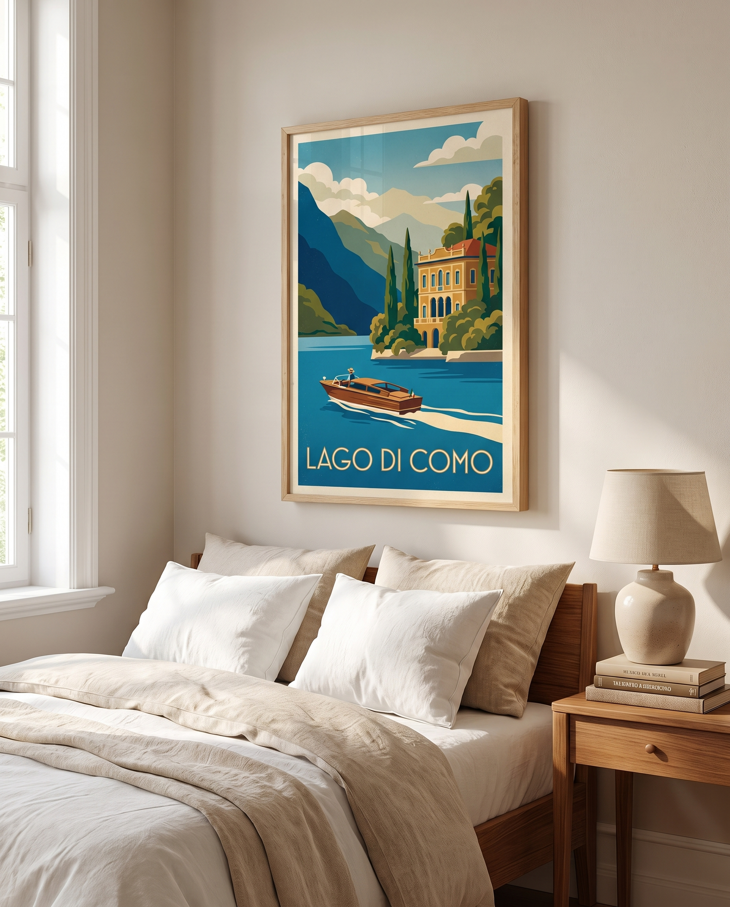 Lago di Como travel poster framed in oak above a linen bed