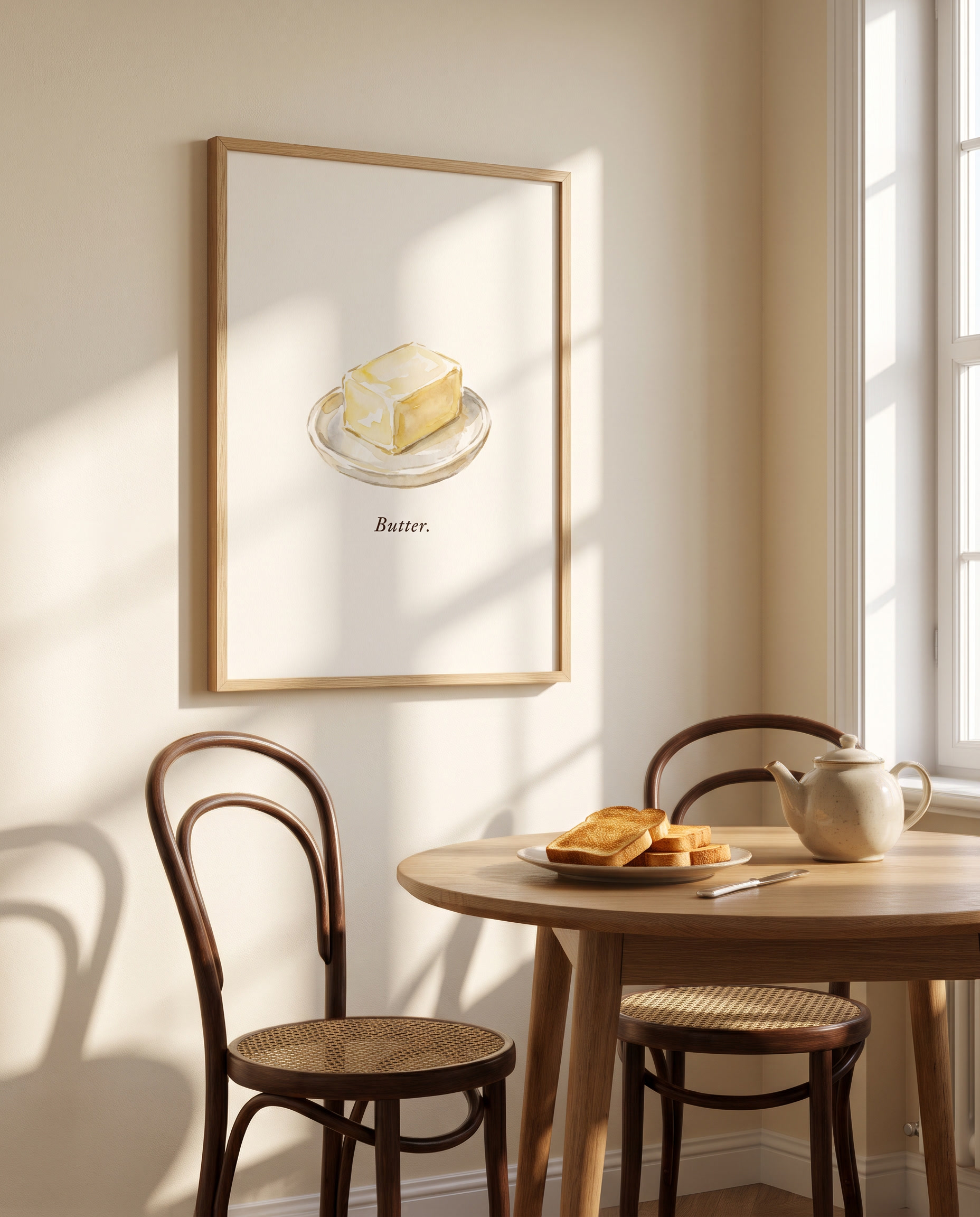 Butter kitchen print framed in oak beside a breakfast nook
