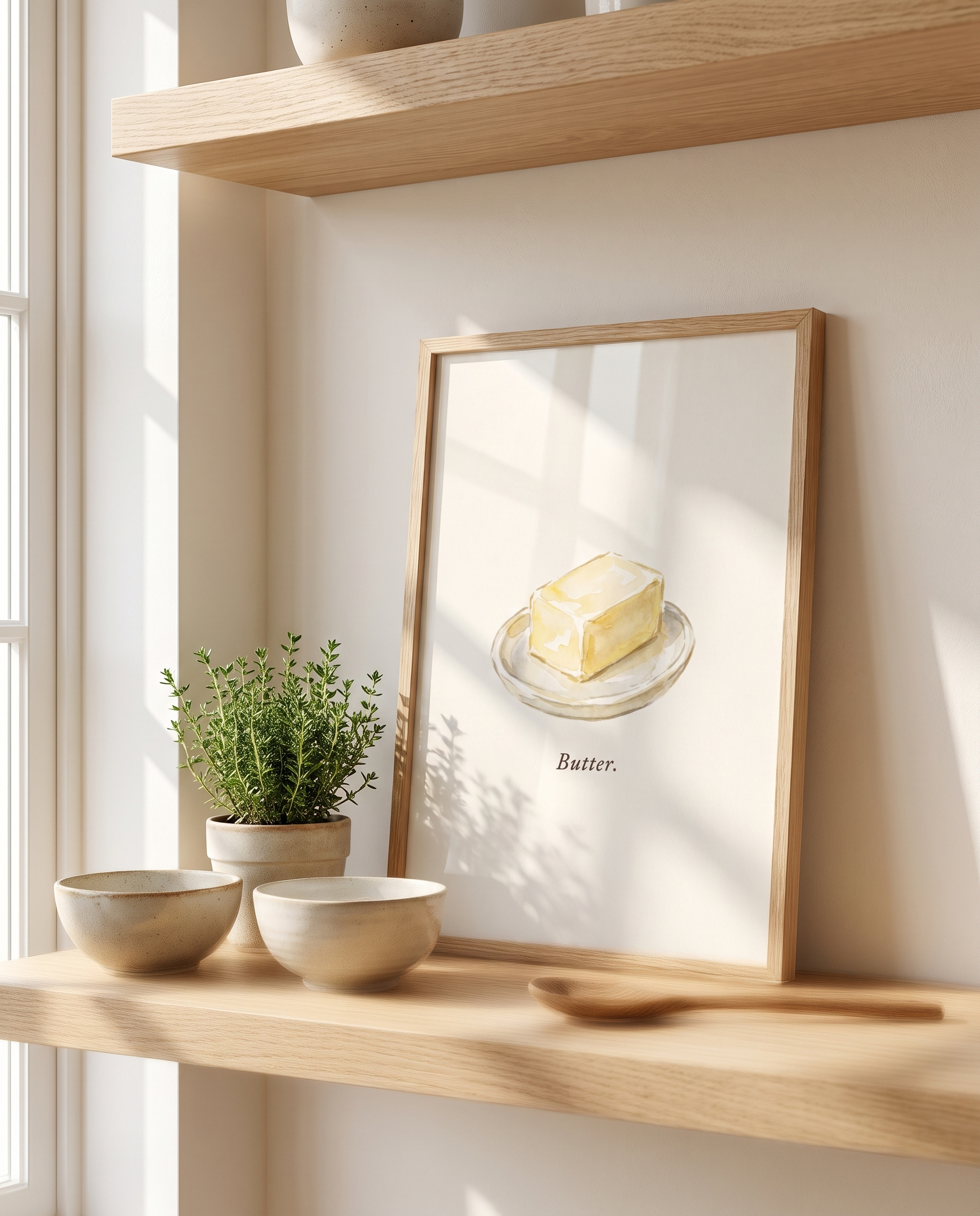 Butter kitchen print leaning on an oak kitchen shelf