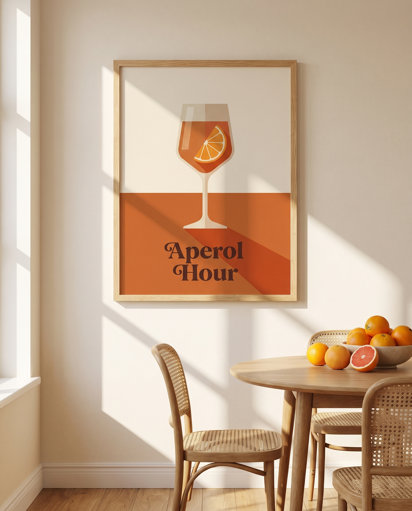 Aperol Hour print framed in oak beside a breakfast nook