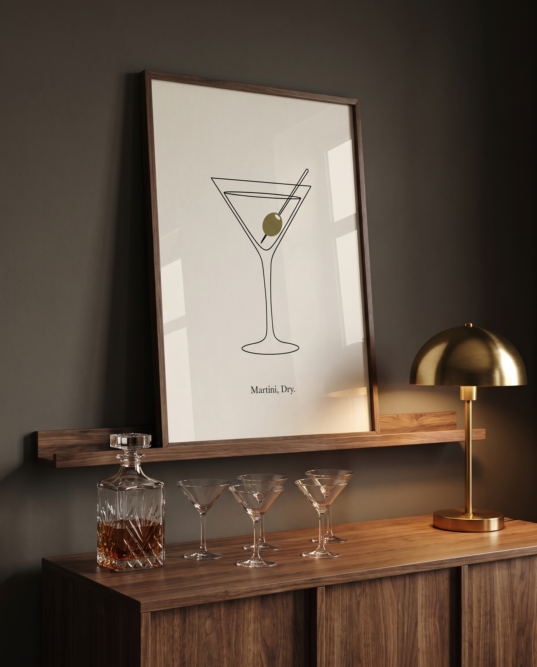 Martini Dry print in walnut frame on a lounge picture ledge