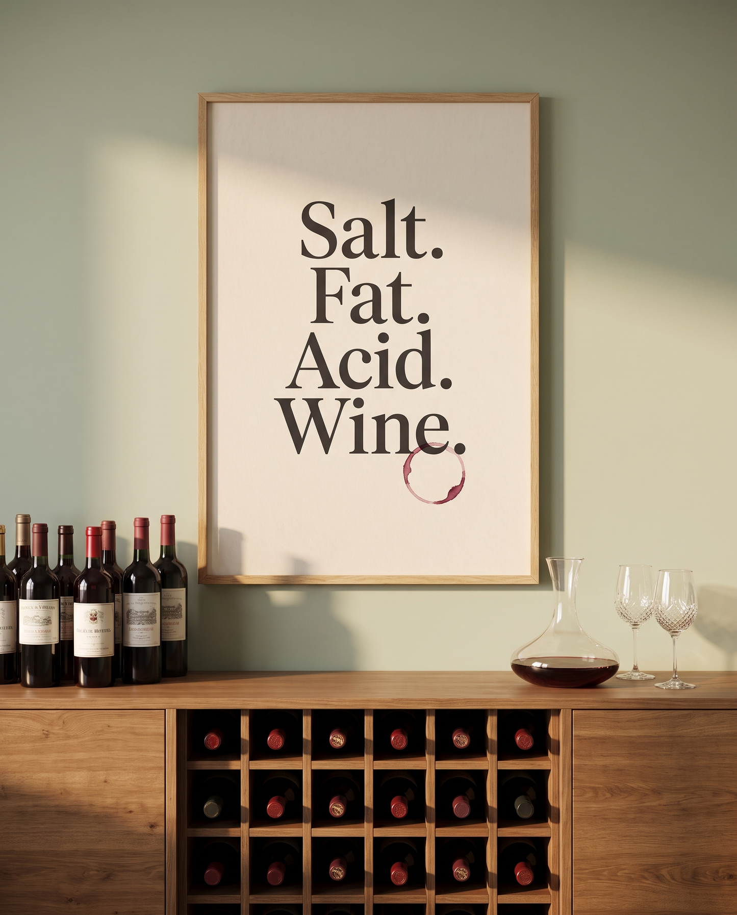 Salt Fat Acid Wine print framed in oak above a dining room sideboard