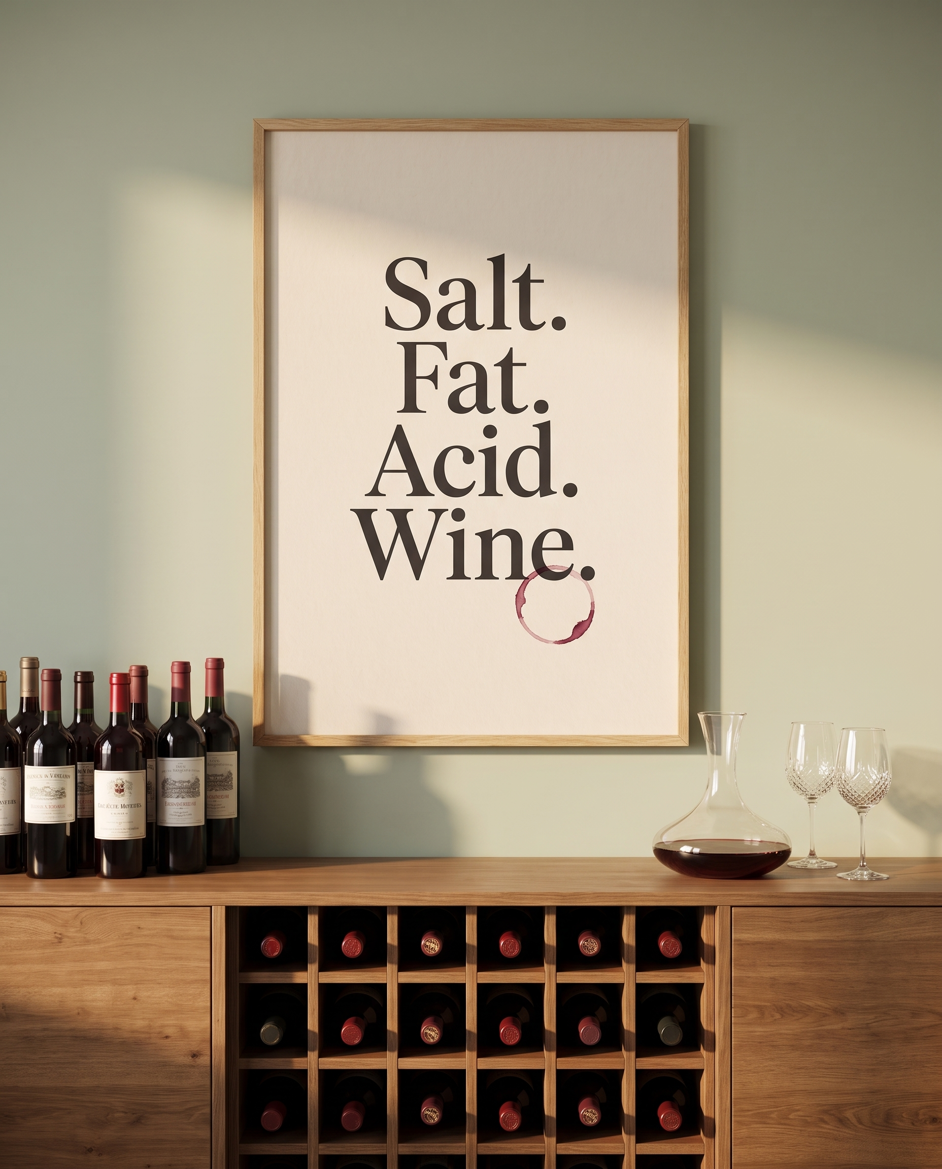 Salt Fat Acid Wine print framed in oak above a dining room sideboard