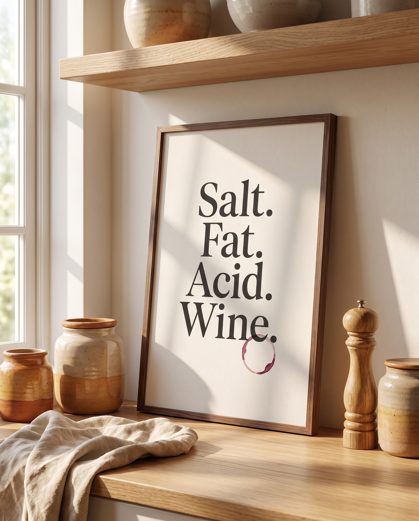 Salt Fat Acid Wine print in walnut frame leaning on a kitchen shelf